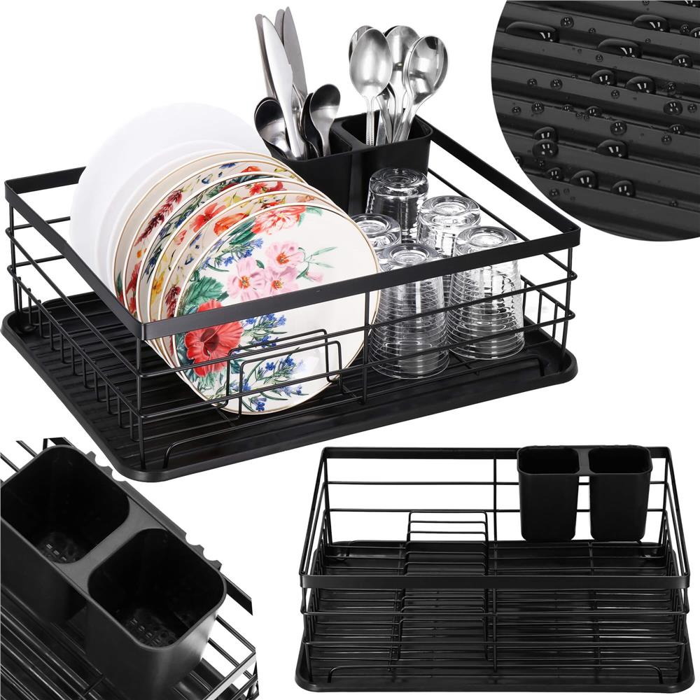 Uscator de vase cu suport tacamuri, din otel, cu tava de scurgere, 42x32x15cm, negru [10]