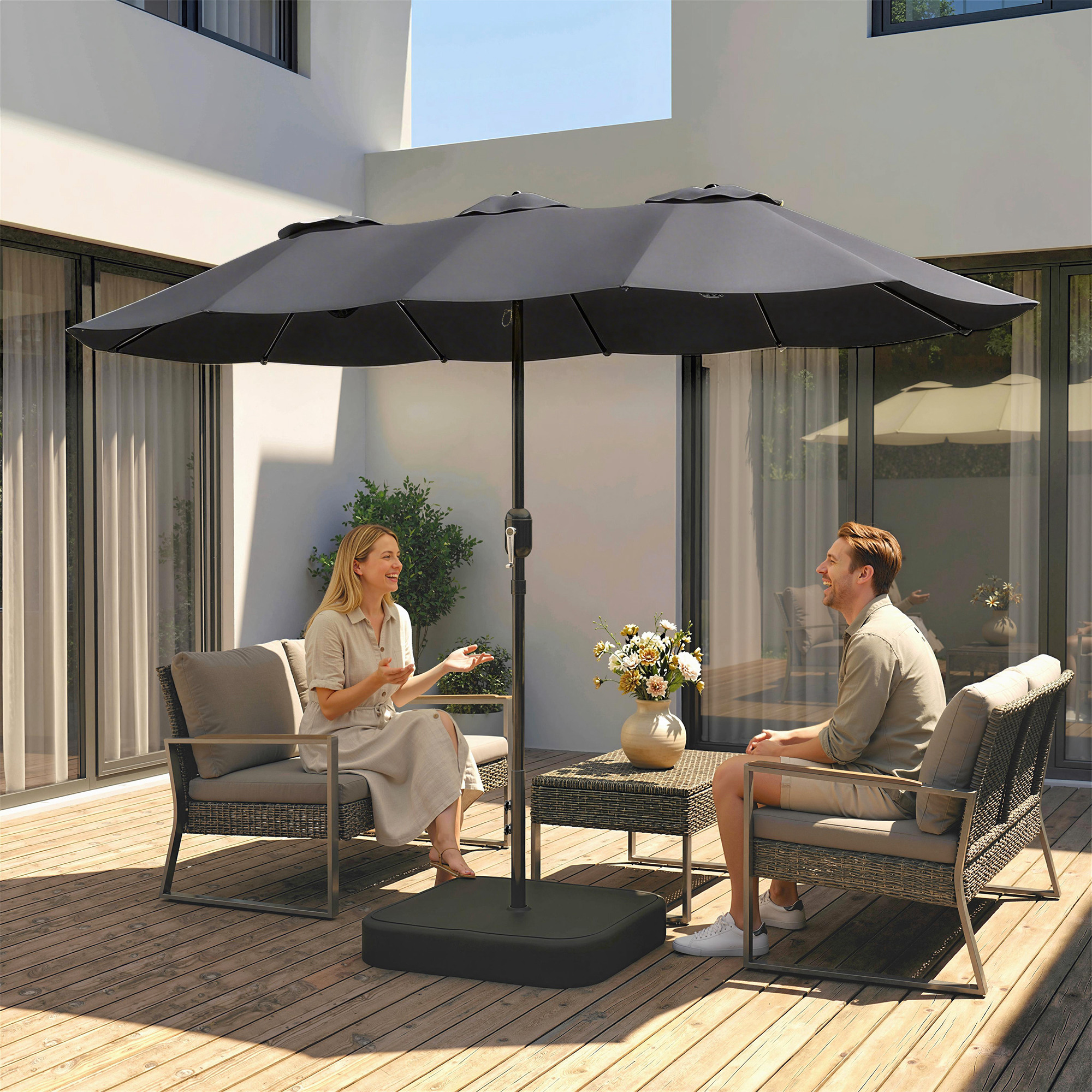  Umbrela Dubla cu 12 Spite, Manivela, Baza Metalica si Saci de Nisip, din Metal si Poliester, 3x1.5 m, Gri inchis [8]