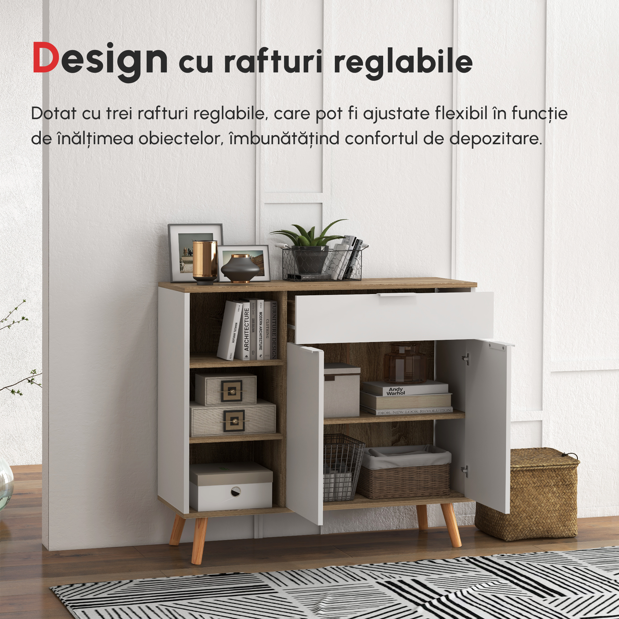  Bufet de Depozitare Modern cu Sertar, Usi, Alb [4]