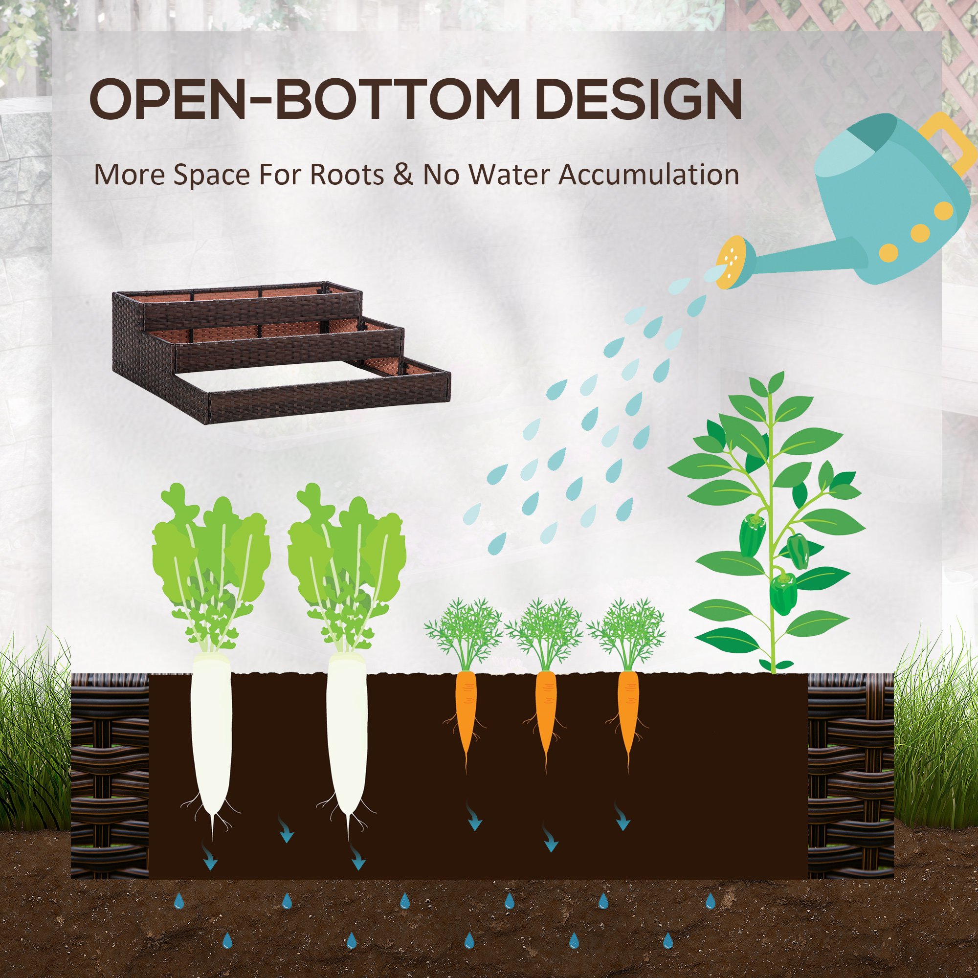  Pat de gradina inaltat cu 3 niveluri din ratan sintetic fara fund pentru plante si legume, 120x120x40cm, gri [4]