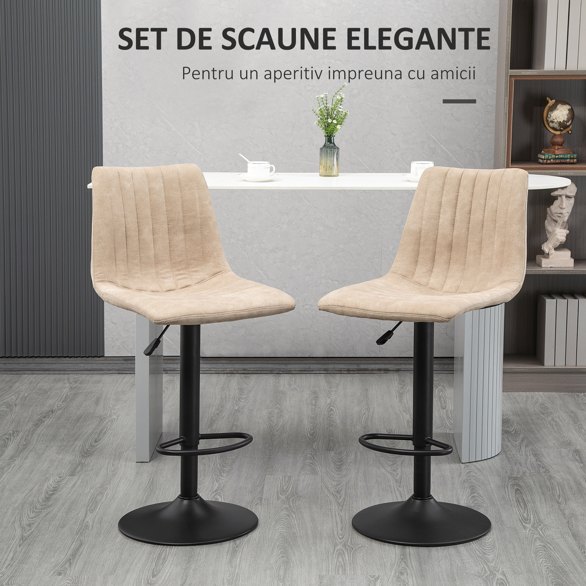  Set de scaune de bar reglabile pe inaltime 2 piese cu suport pentru picioare, otel si poliester, 47,5x57,5x95-116 cm, maro deschis [3]