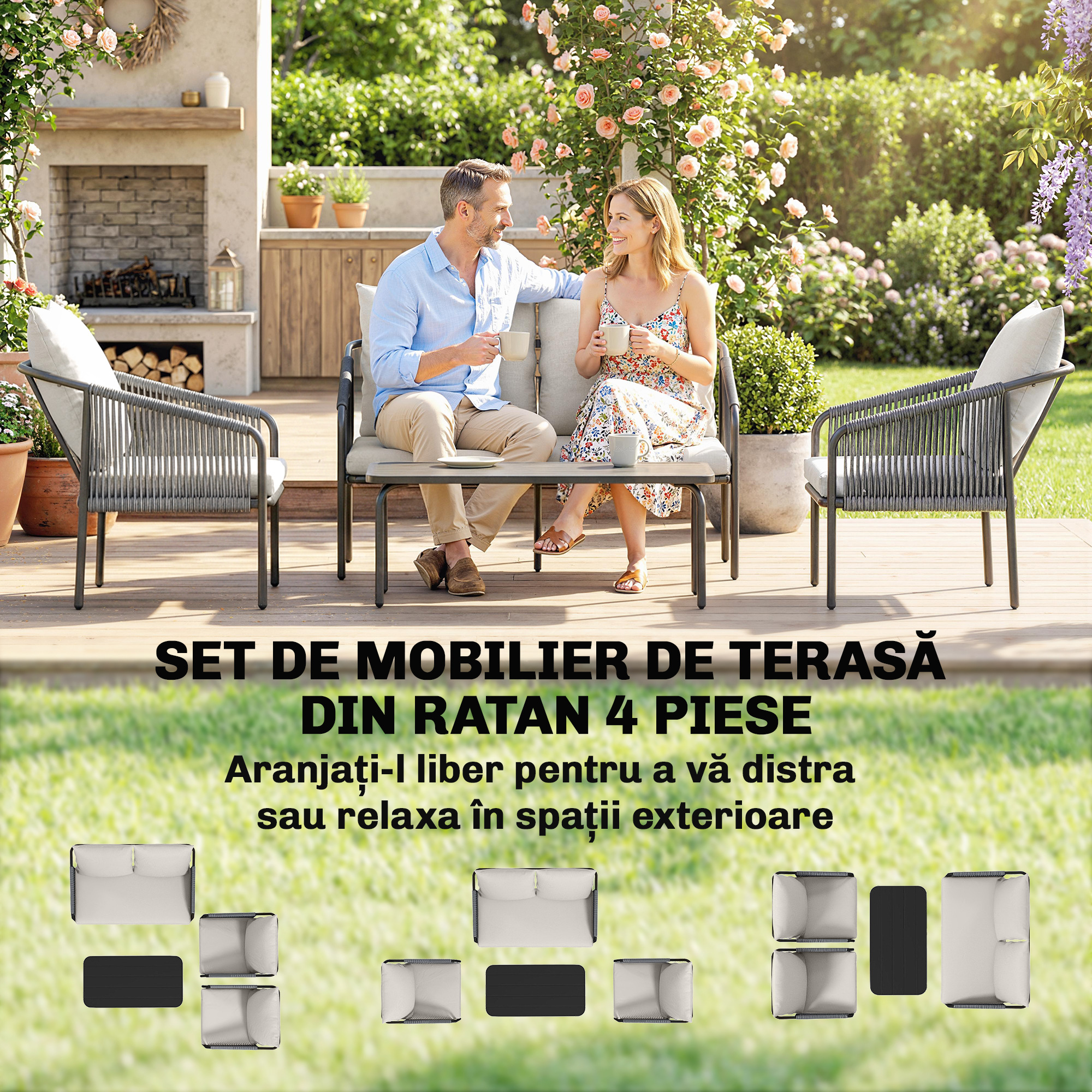  Set de Gradina din Ratan 4 Piese cu Canapea, Fotolii, Masuta, Bej [3]