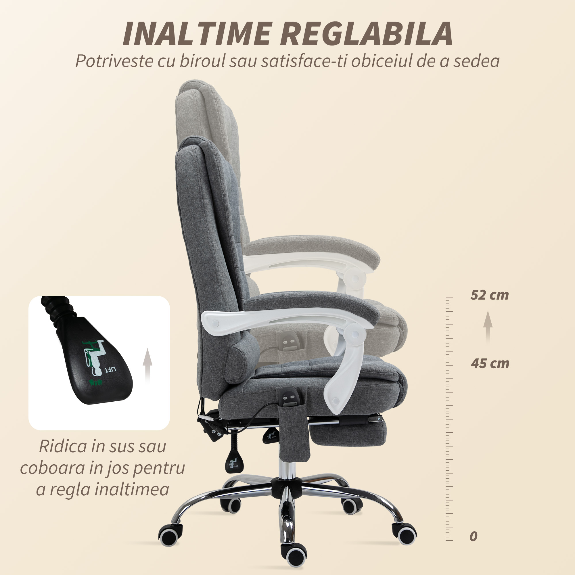  Fotoliu de Birou cu Telecomanda si 6 Puncte de Masaj, din Material Mixt Catifea si In, 67x79x111-121 cm, Gri [5]