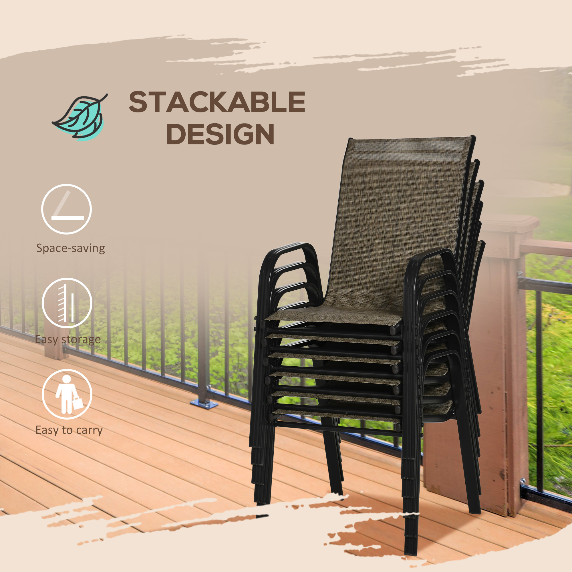  Set 6 Piese Scaune de Gradina cu Cotiere, Scaune de Exterior Stivuibile din Metal si Tesatura Respirabila, Maro [4]