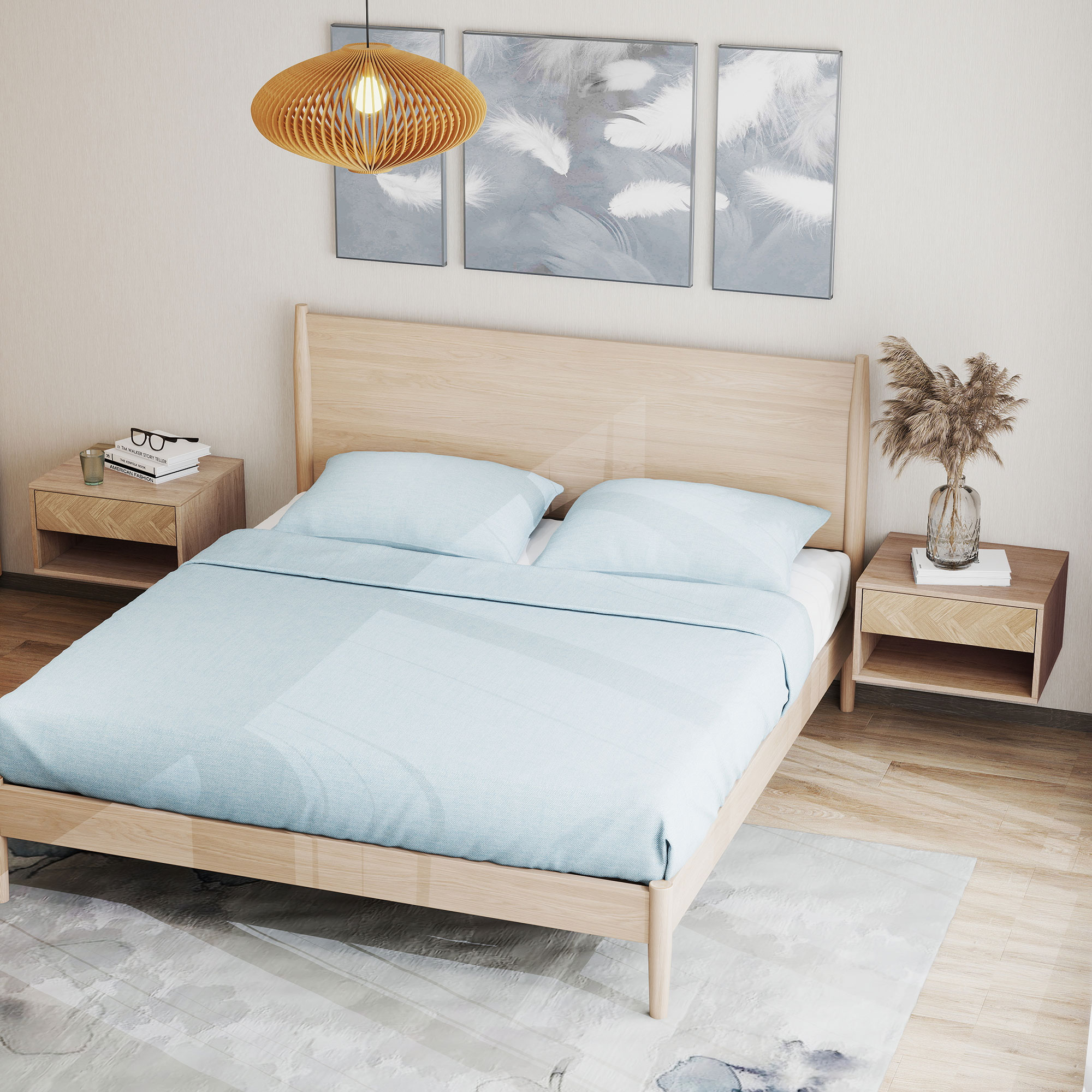  Set de 2 Noptiere Suspendate cu Sertar si Compartiment 37x32x21 cm Lemn Natural [8]