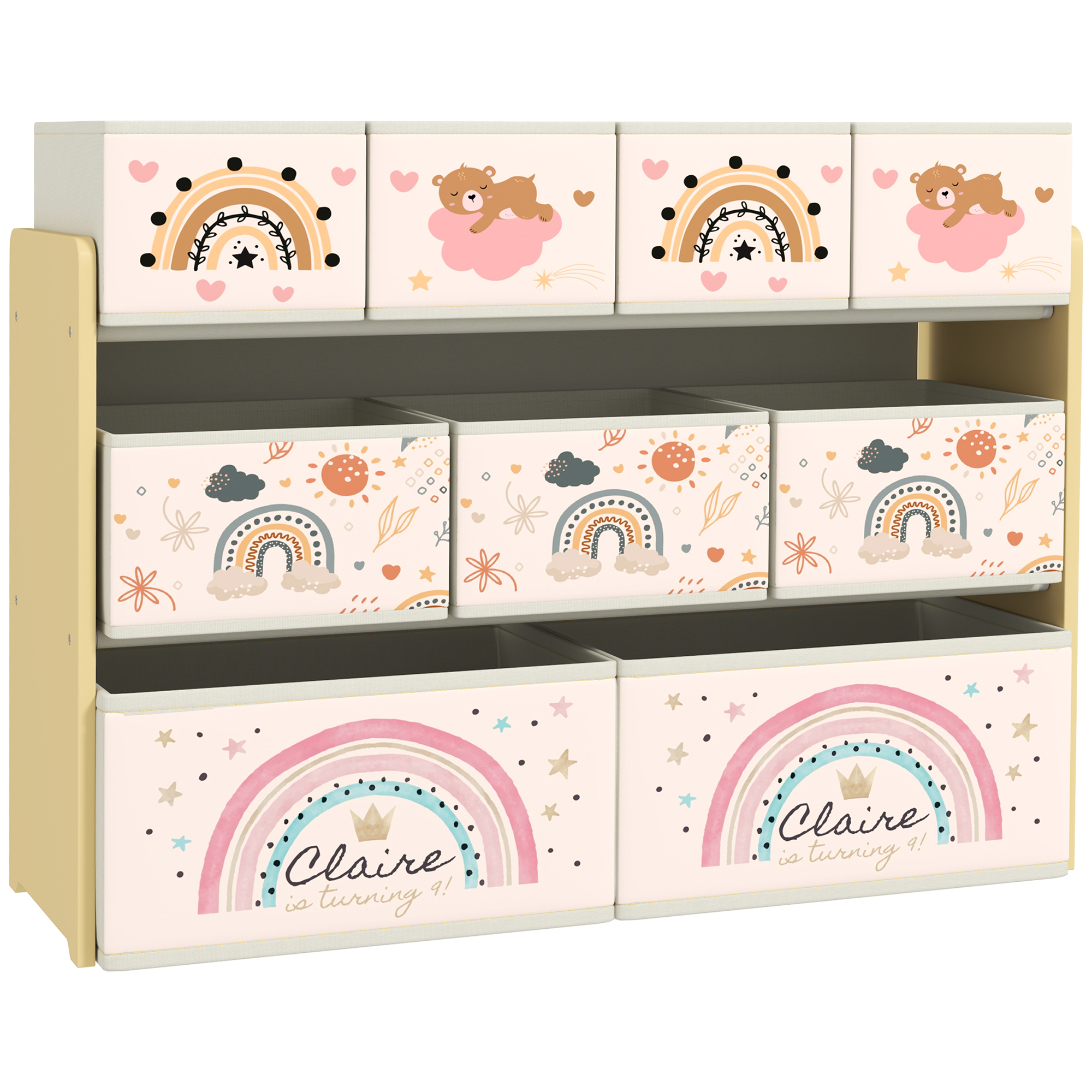 Dormitor & birou -  Etajera Depozitare Jucarii cu 3 Niveluri si 9 Cutii de tesatura, Mobilier Depozitare Jucarii, 93x30x70 cm, Galben