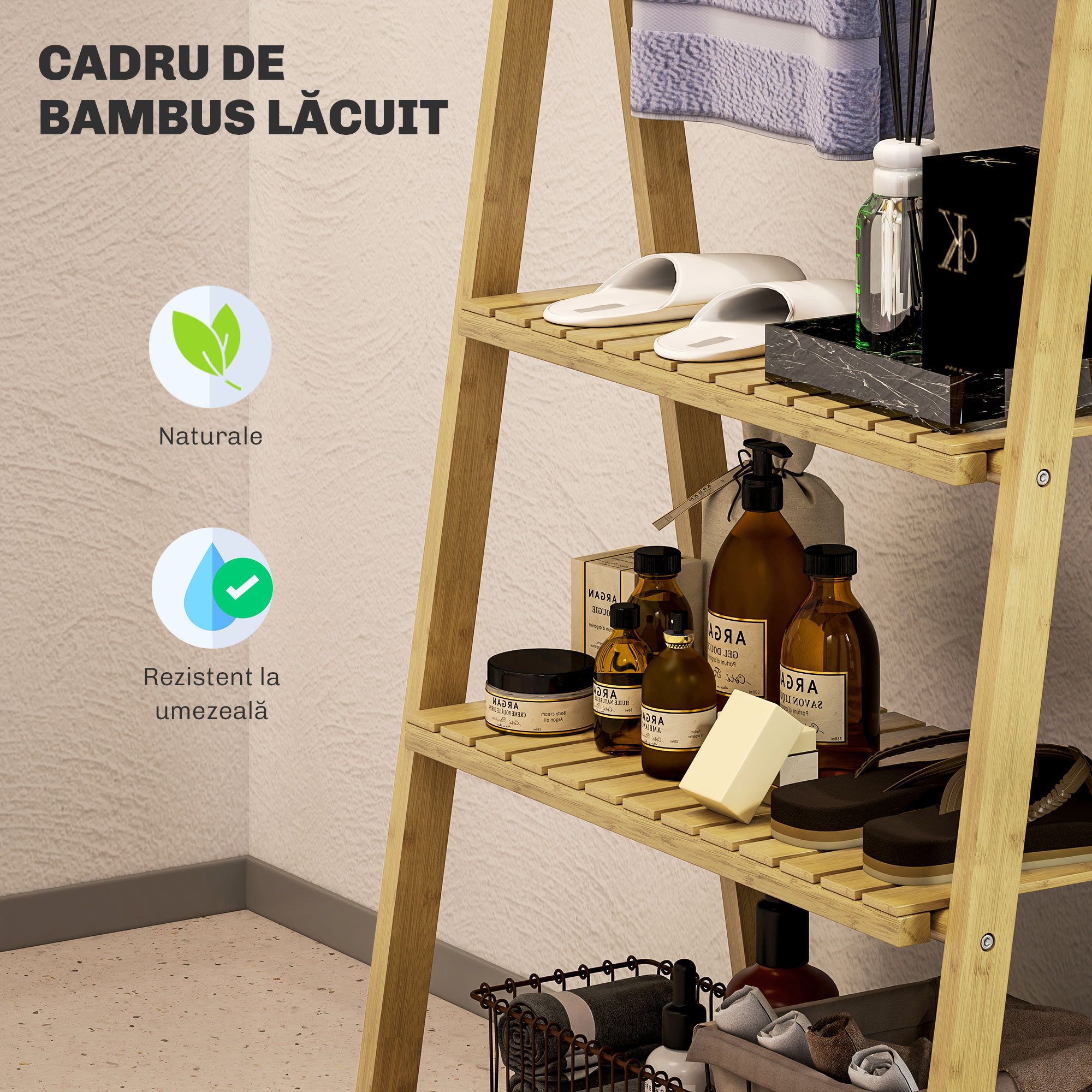  Raft de Baie Pliabil pentru Prosoape cu 3 Rafturi si 3 Bare,  53,5x30x153 cm, Lemn Natural [5]