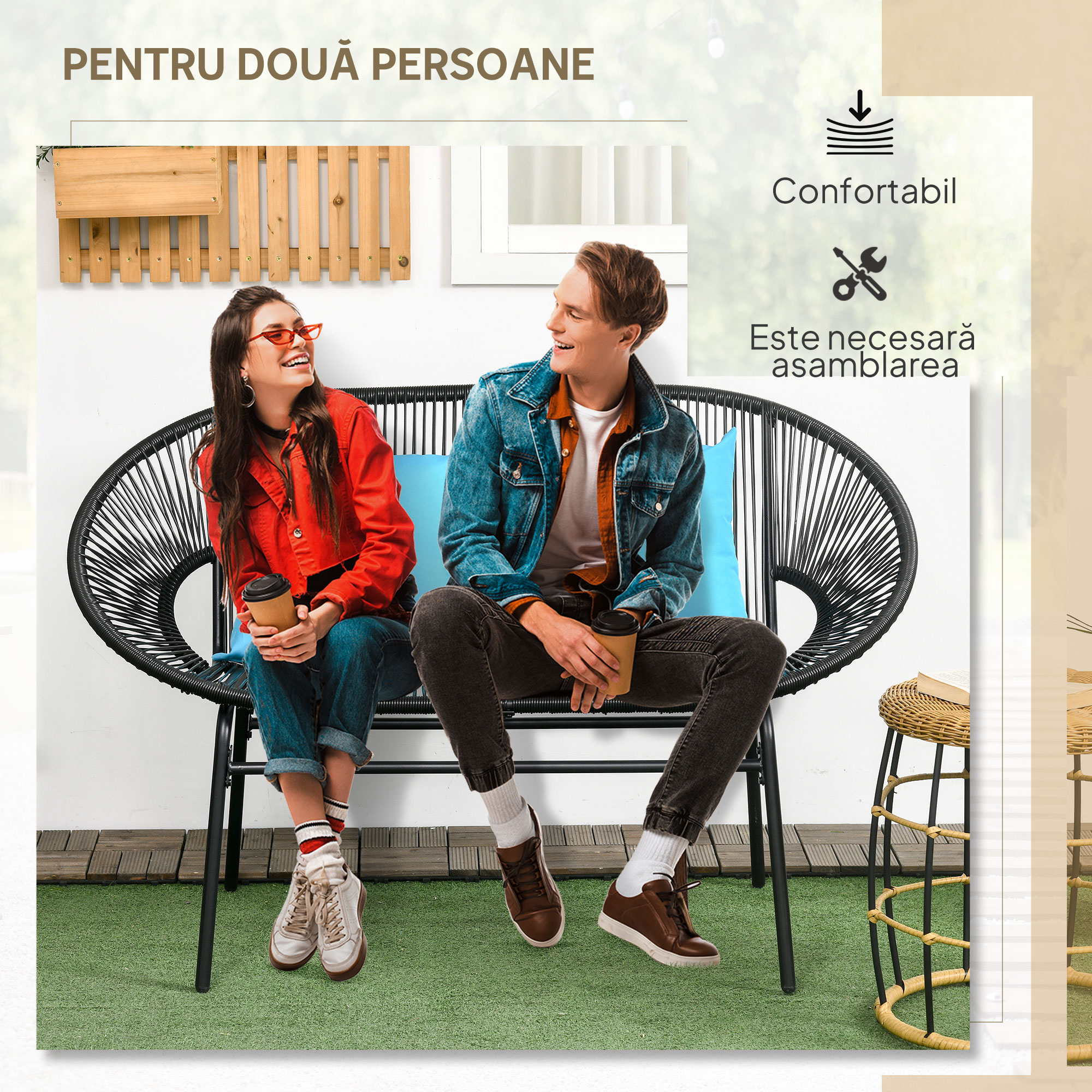  Banca de gradina cu 2 locuri din metal si franghie din rasina cu 2 perne - dim. 132L x 72l x 83h cm - negru [3]