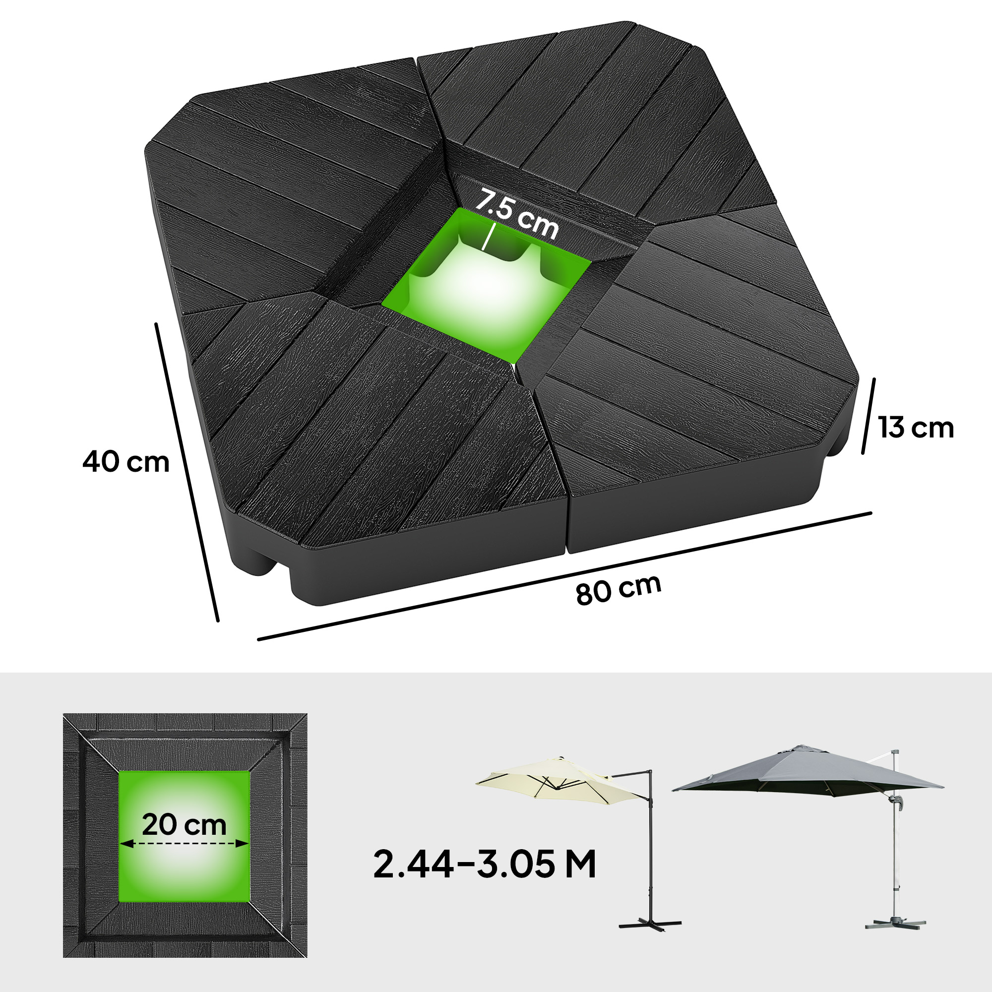  Set 4 placi de baza pentru umbrela suspendata, umplute cu apa sau nisip pana la 80 kg, negru [2]