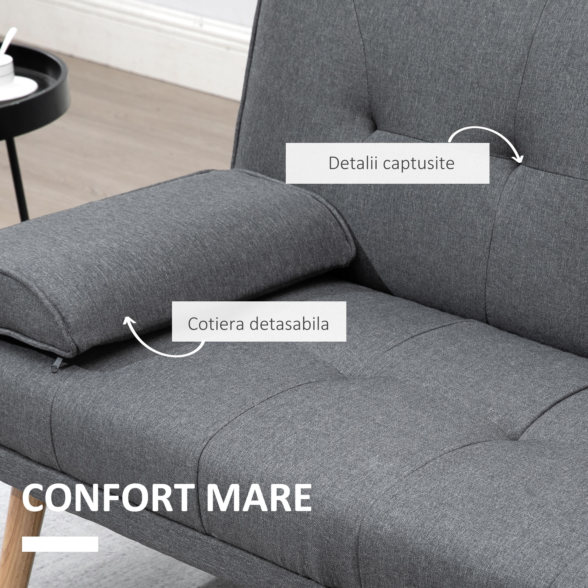  Canapea extensibila cu 3 locuri, 2 cotiere detasabile si covoras antiderapant, imitatie in si lemn de plop, 181x77x78cm, gri inchis [5]