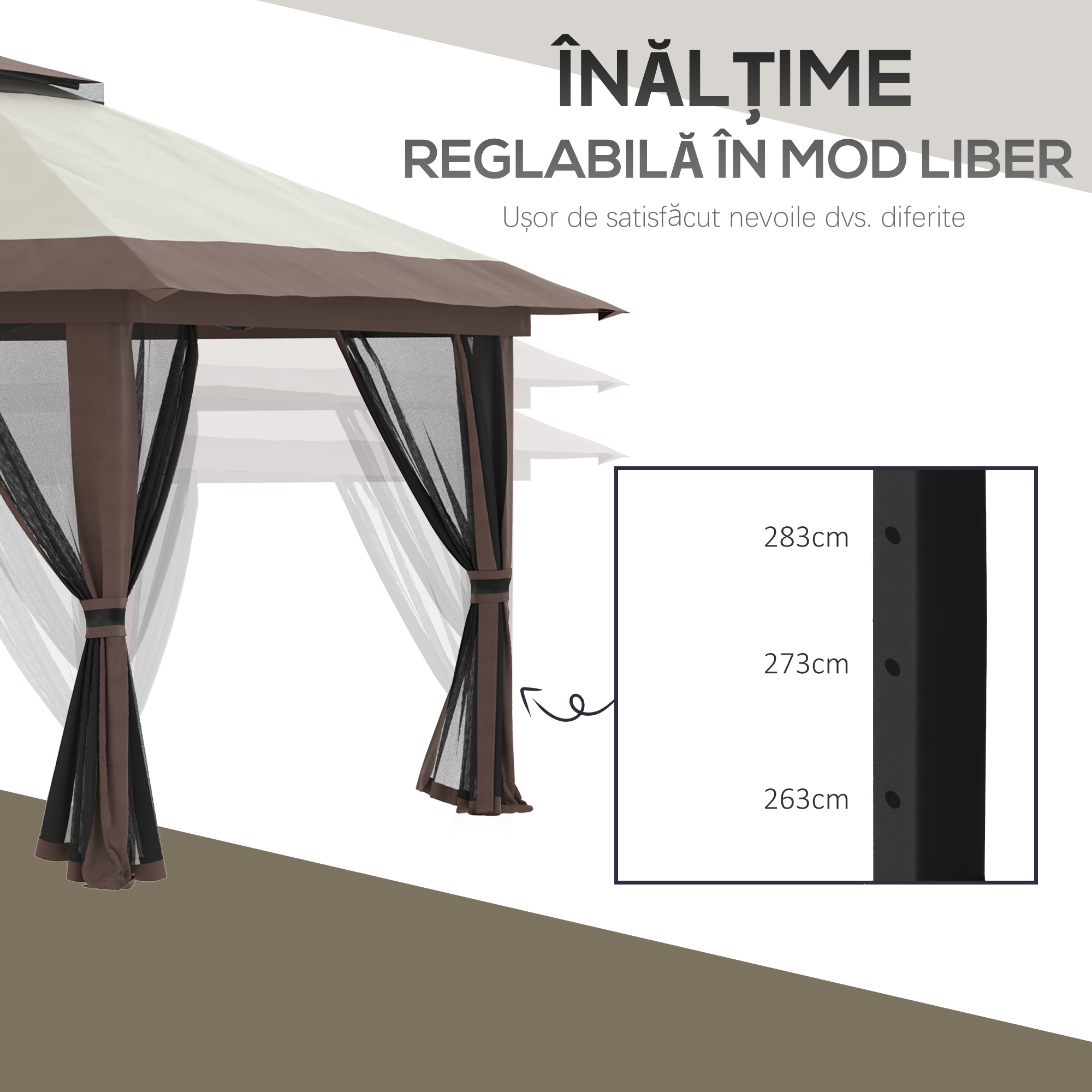 Pavilion  pliabil 4x4 m cu inaltime reglabila, plasa de tantari si geanta, din metal si material Oxford, bej [5]