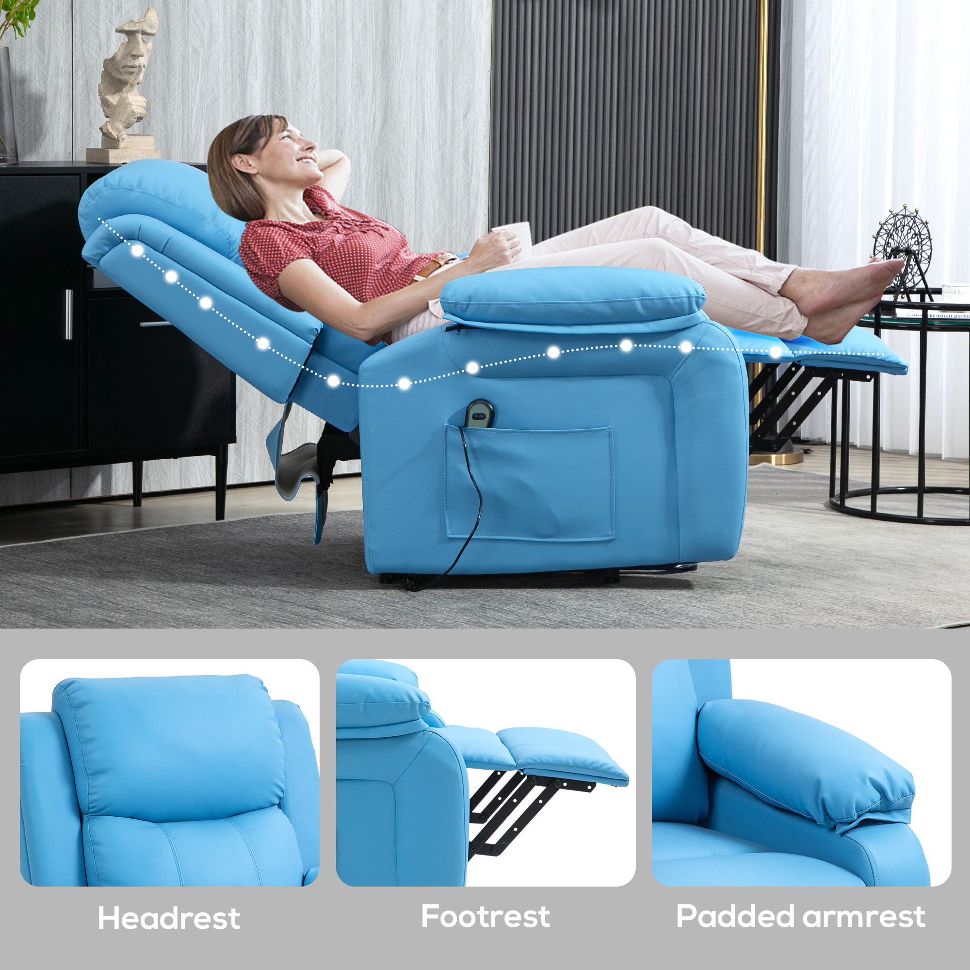  Fotoliu Electric Reclinabil cu Functie de Ridicare, Suport pentru Picioare si Telecomanda, din Piele PU, 76x90x105 cm, Albastru [5]