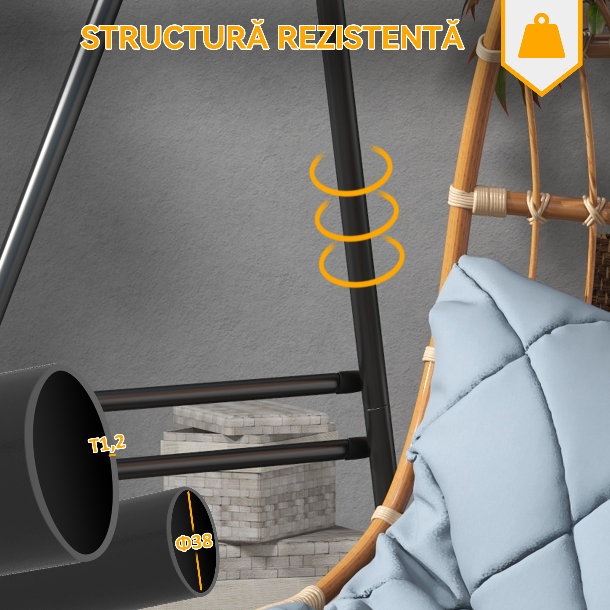  Suport pentru Scaun Hamac, Cadru Metalic Rezistent pentru Hamac Suspendat, Balansoar de Terasa, Fotoliu Tip Ou, Negru [3]