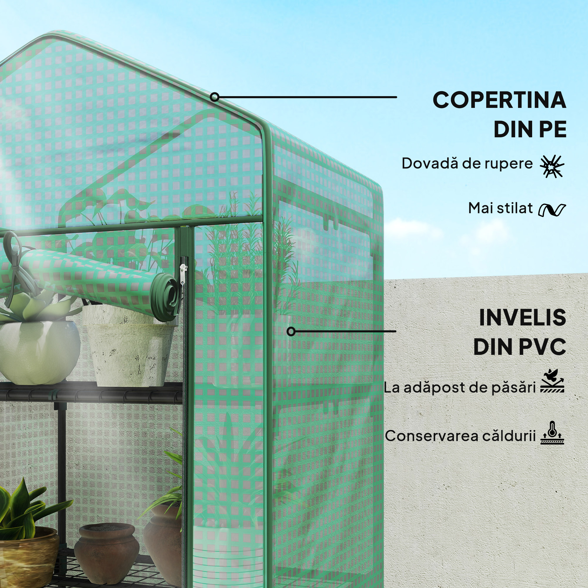  Sera pentru Plante cu 5 Niveluri, cu Usa cu Fermoar, din Otel si PE, 69x49x193 cm, Verde [3]