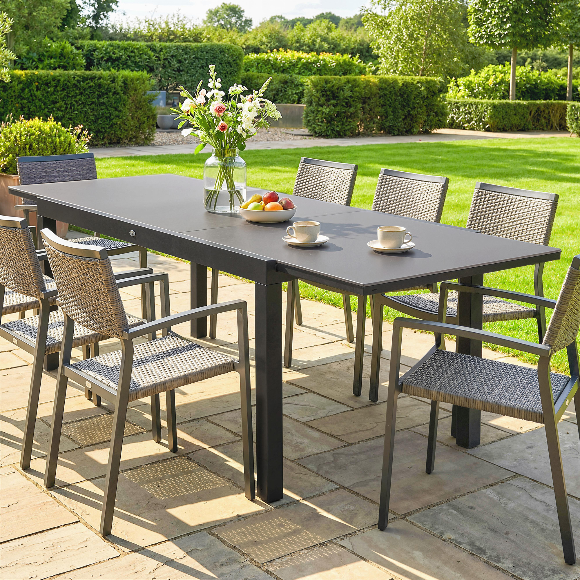  Masa de Gradina Extensibila pentru 8-10 Persoane 140/240x90 cm, Masa de Dining Extensibila cu Blat din Sticla Securizata, Masa de Exterior pentru Terasa, Balcon, Negru [7]