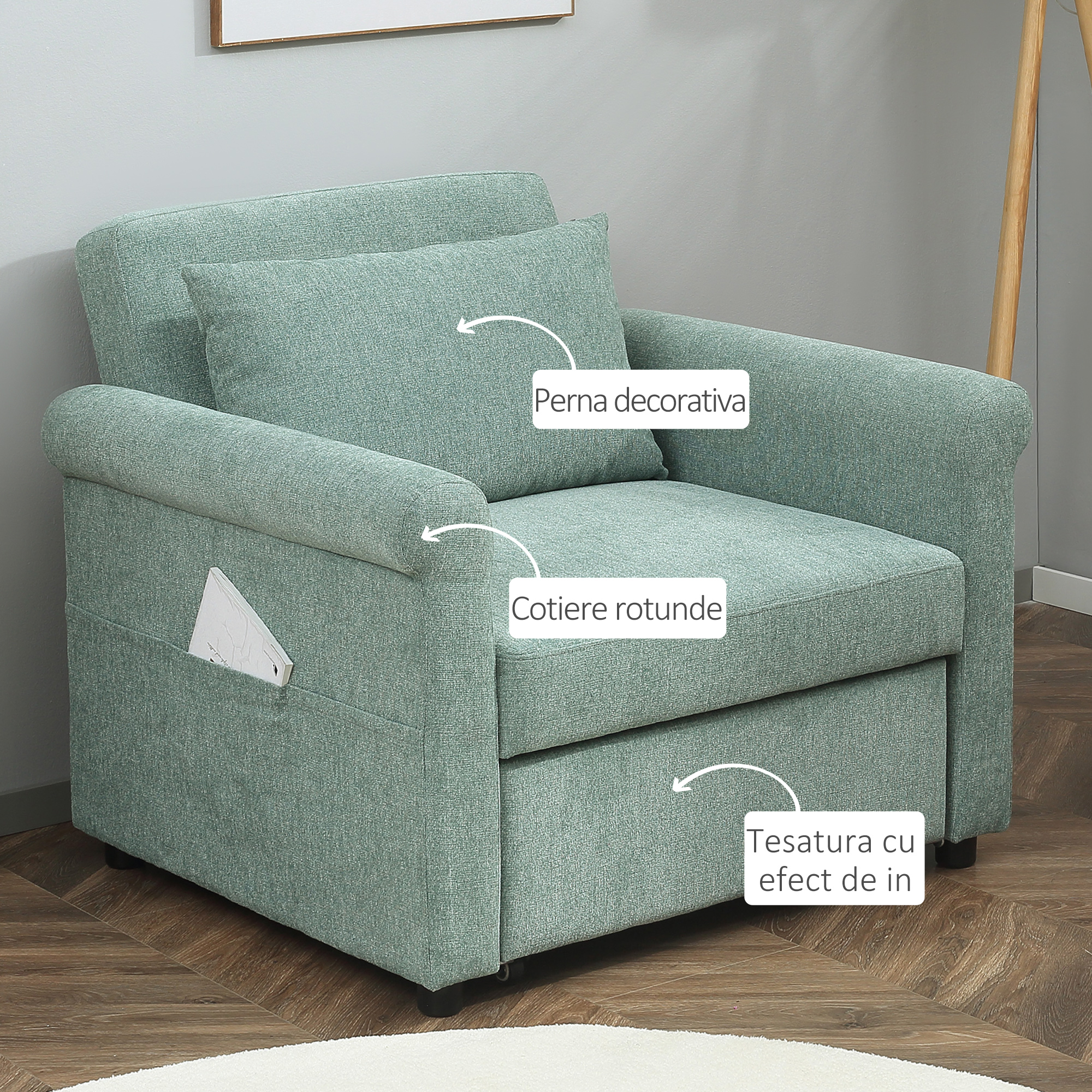  Fotoliu de un singur loc cu spatar reglabil in 4 pozitii, tesatura cu efect de lenjerie respirabila si sezut captusit, 96x84,5x87,5 cm, verde [5]