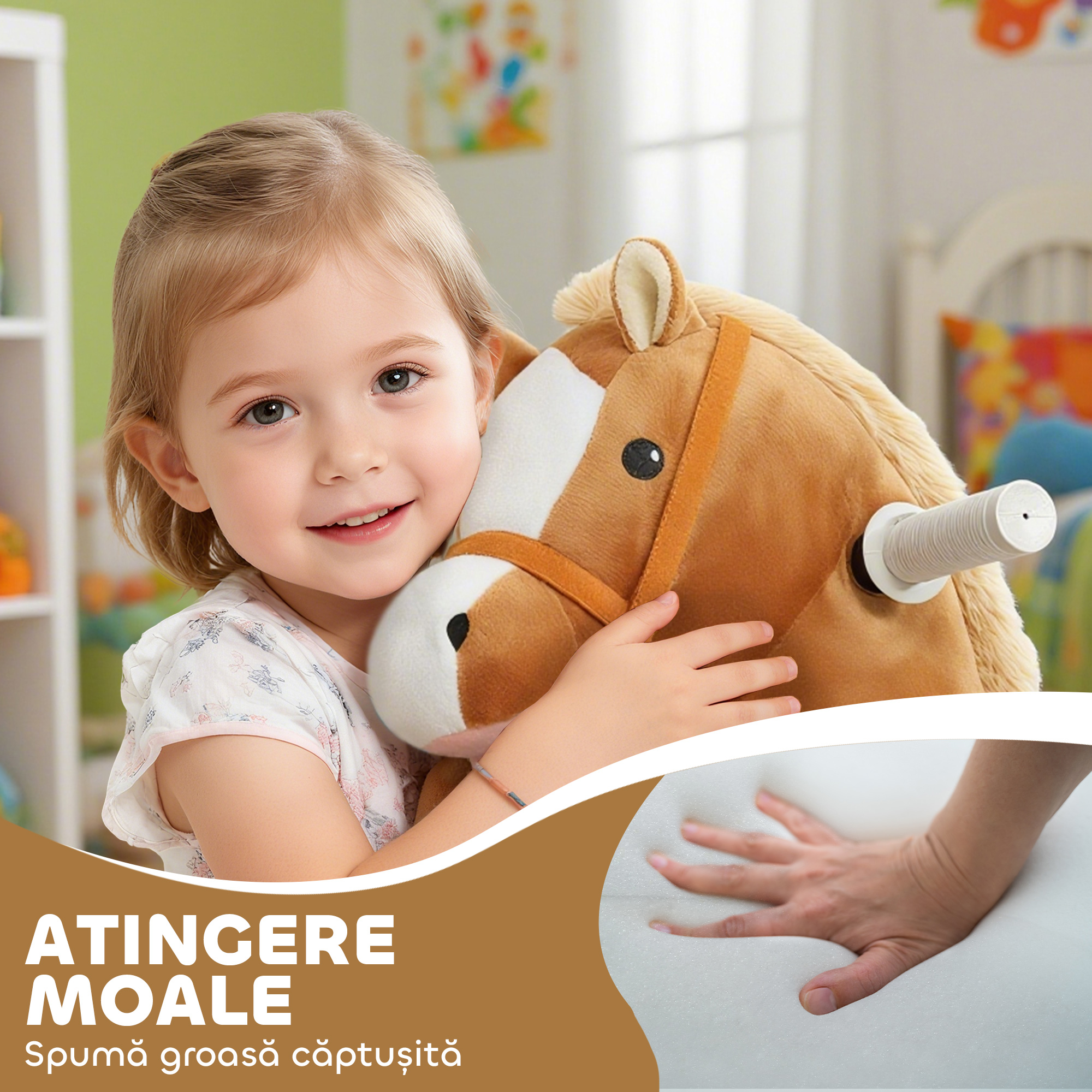  Cal Electric pentru Copii, Jucarie cu Husa Lavabila si Roti Silentioase, Maro [7]