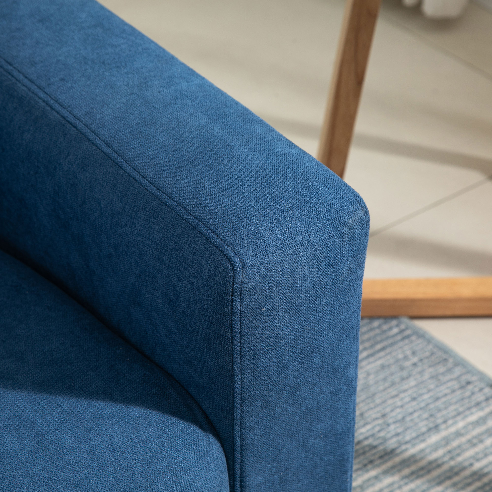  Canapea 2 Locuri Stil Nordic, cu Spatar Matlasat si Tapiterie din Poliester, Picioare din Lemn, 145×76×88 cm, Albastru [7]