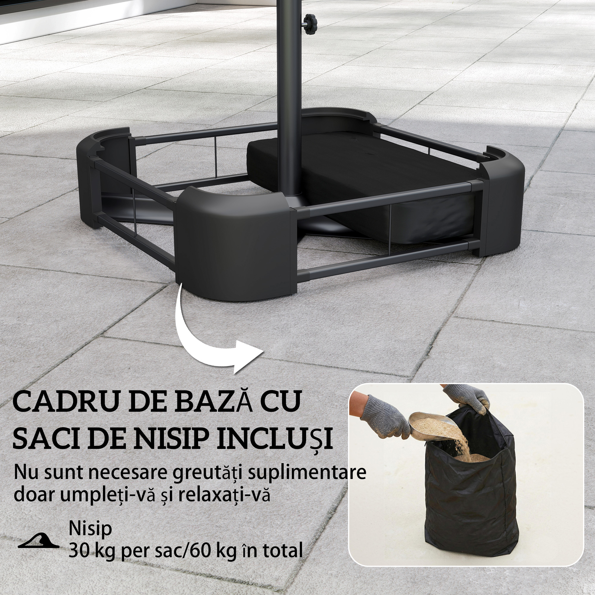  Umbrela Dubla cu 12 Spite, Manivela, Baza Metalica si Saci de Nisip, din Metal si Poliester, 3x1.5 m, Gri inchis [3]