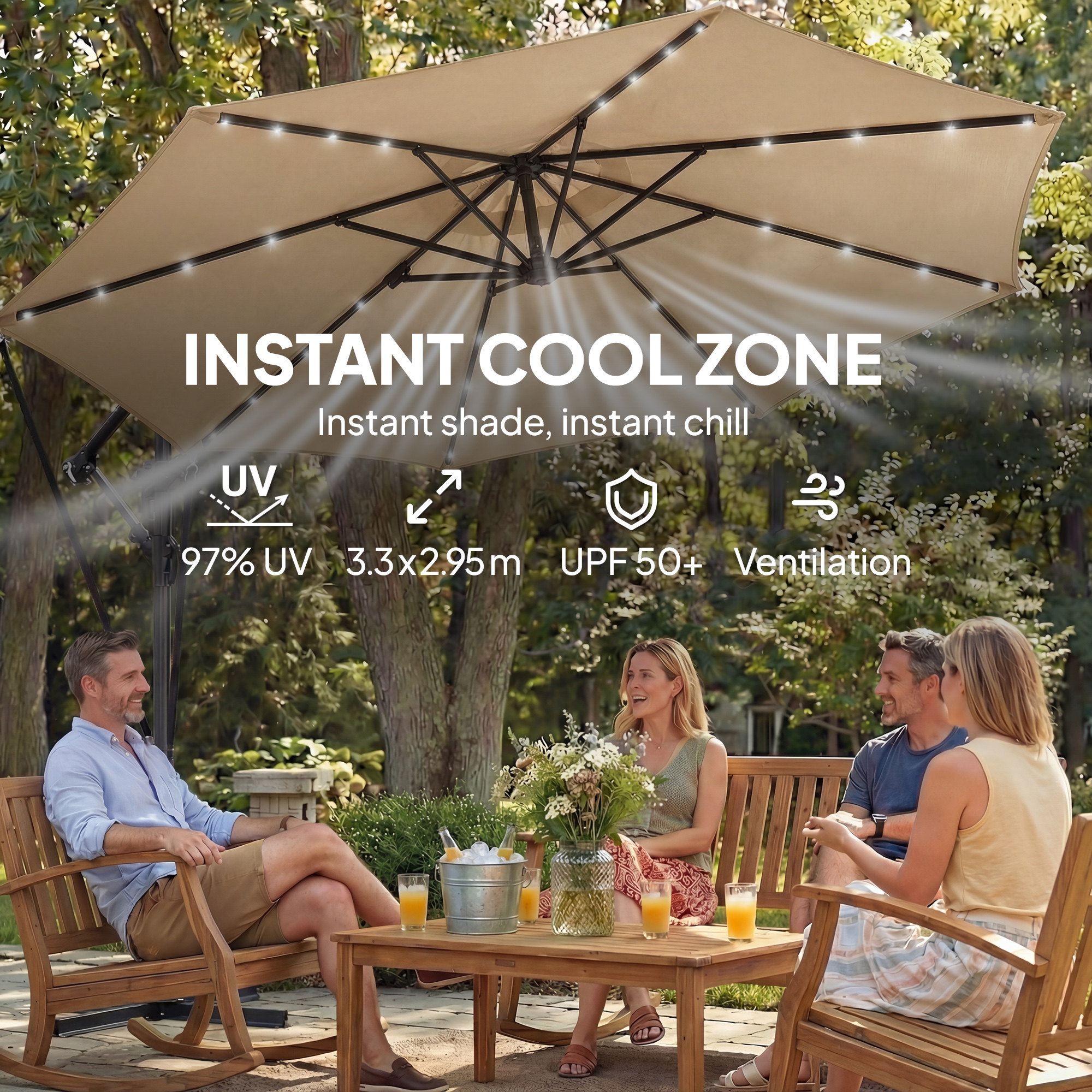  Umbrela de Gradina Suspendata cu LED-uri Solare, 3x3m, Bej [6]