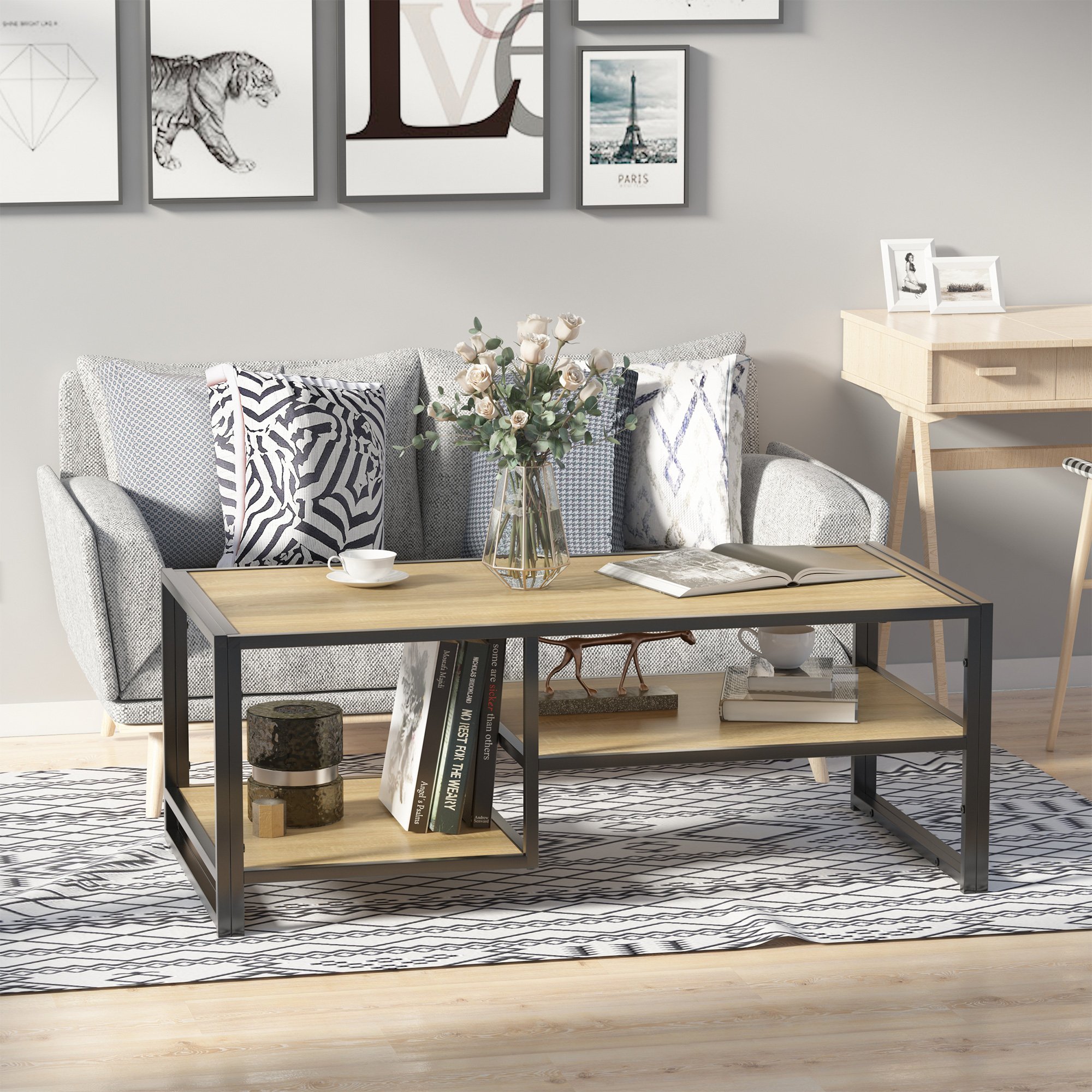  Masuta de Cafea Stil Industrial cu 3 Etajere, din MDF si Otel, 120x60x46cm - Lemn [1]