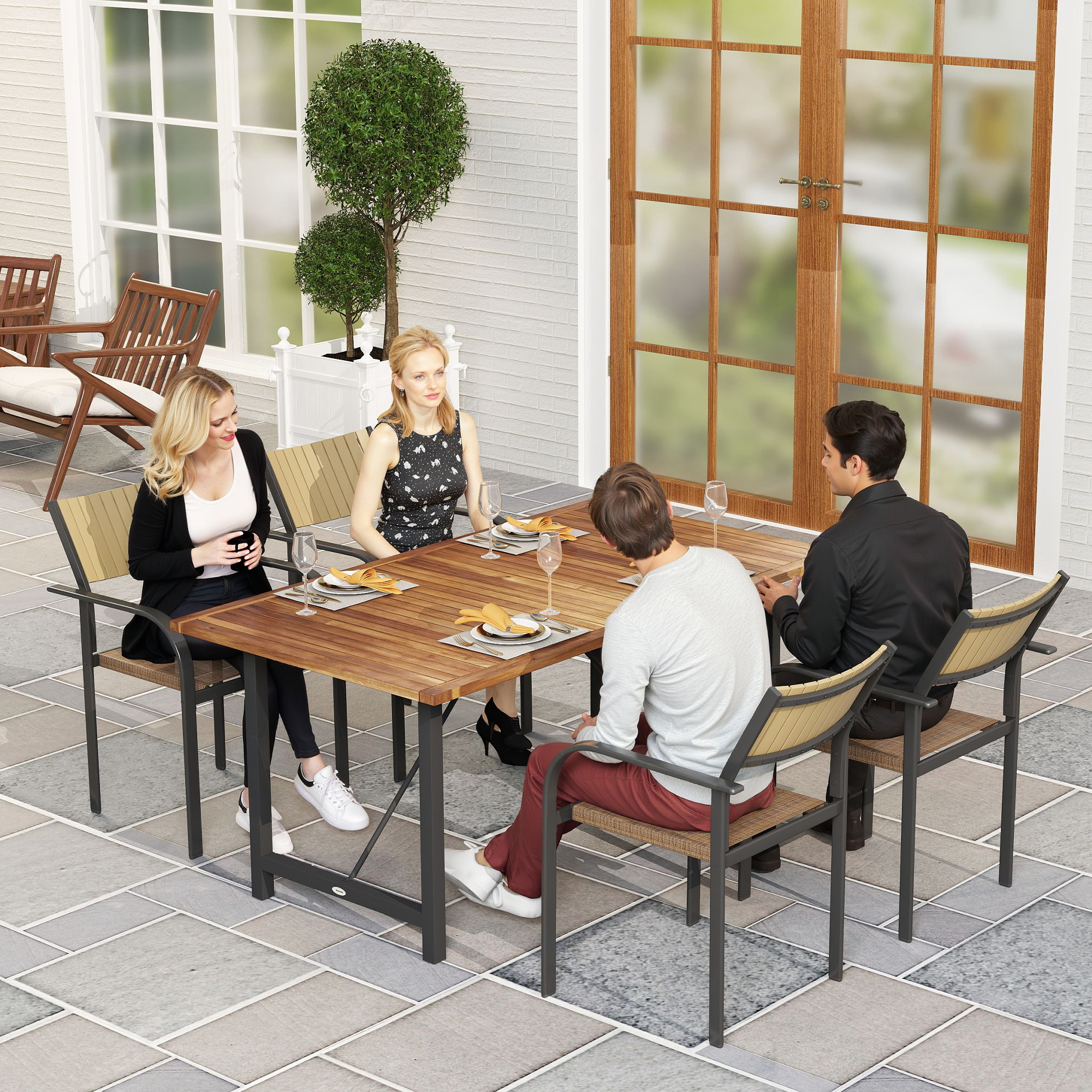  Masa de Gradina din Lemn de Salcam si Otel cu Blat din sipci, 160x90x75 cm, Lemn Natural [1]