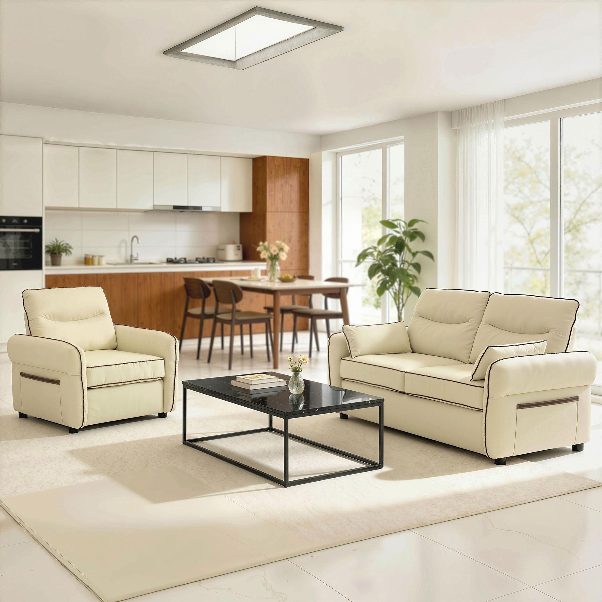  Divan cu 2 Locuri Imbottit din Piele Sintetica cu Bordura Contrastanta, Divan de Living cu Tapiterie Groasa, 2 Perne Detasabile si Lavabile, Brate si Buzunare Laterale, 136x81x90 cm, Bej [5]