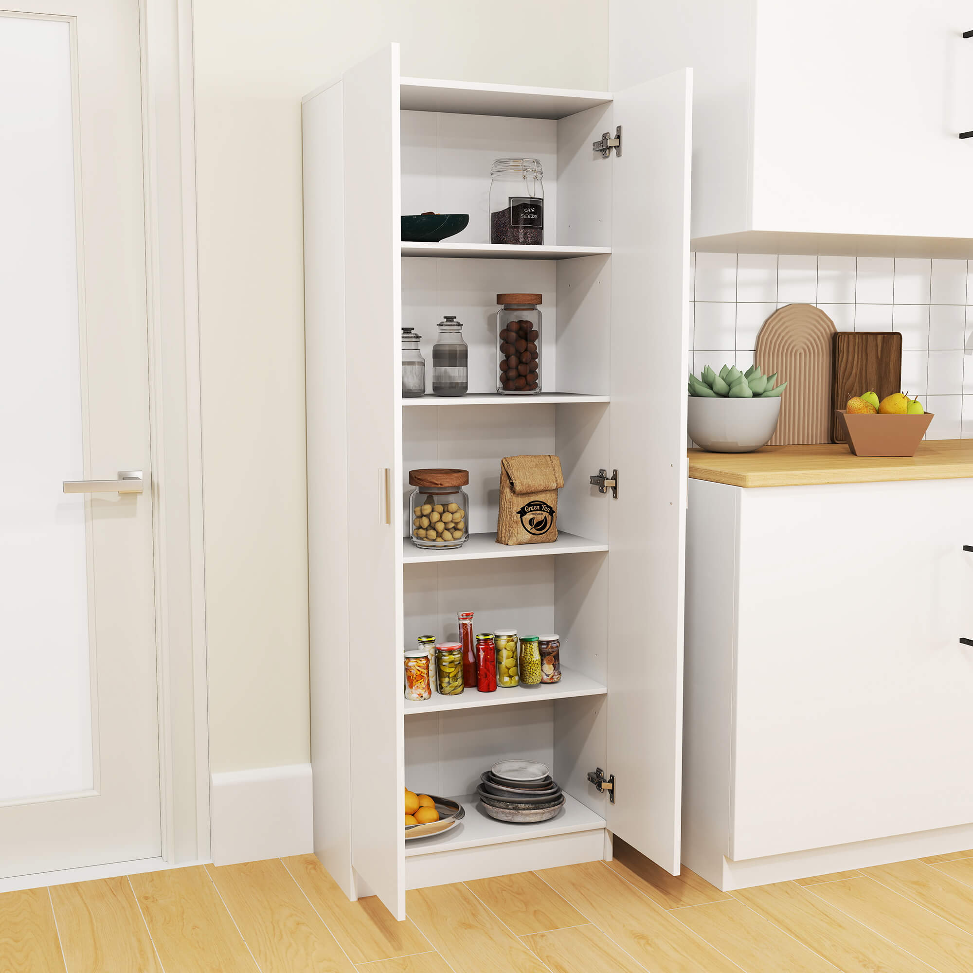  Dulap Multifunctional cu Usi Batante, 5 Rafturi si 3 Niveluri Reglabile, 60x31,5x165 cm, Alb [1]