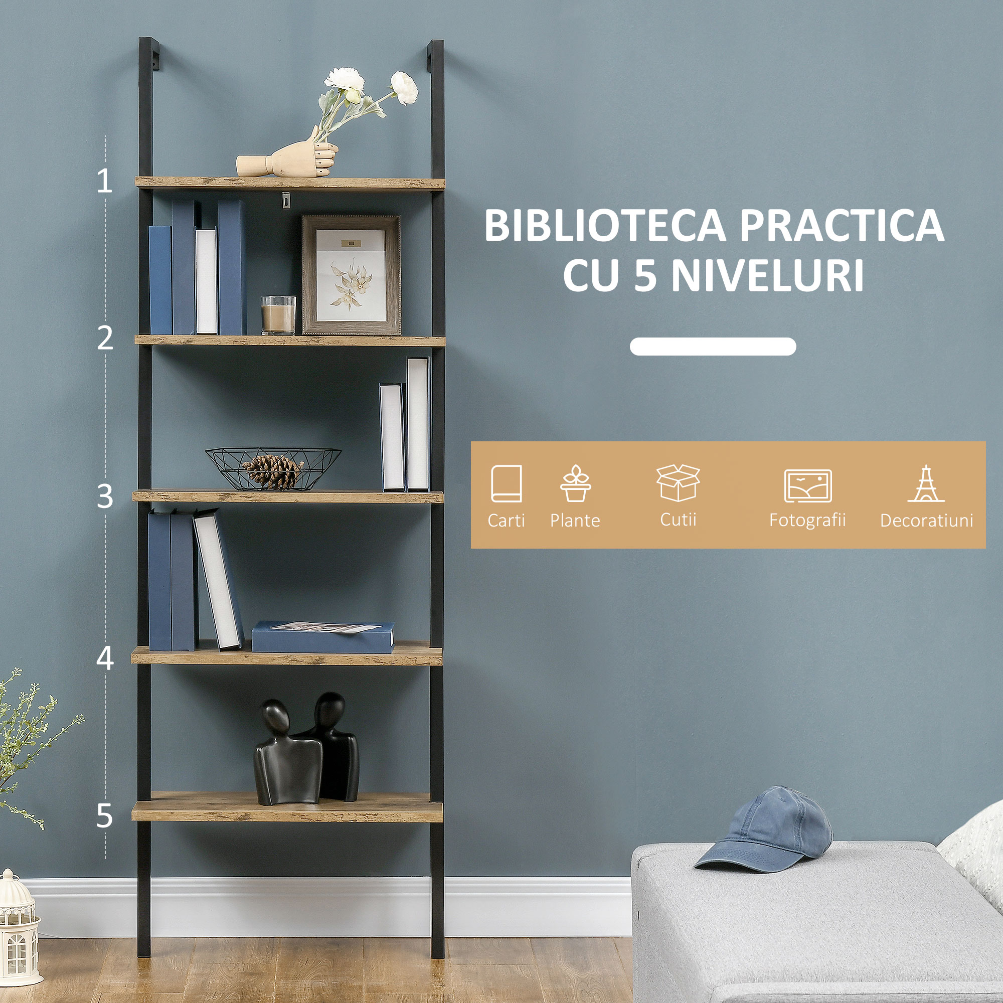  Biblioteca Industriala cu Scara - 5 Niveluri 60×30×184,5 cm [3]