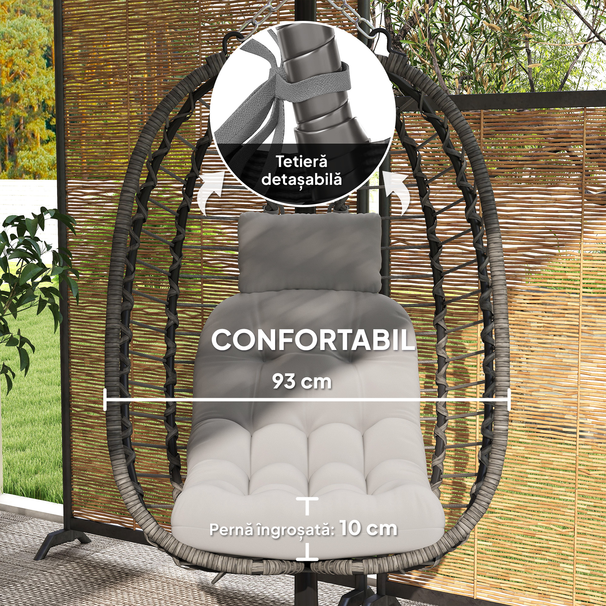  Scaun suspendat tip ou din ratan cu perna si tetiera, inaltime reglabila si sezut pliabil, gri [4]