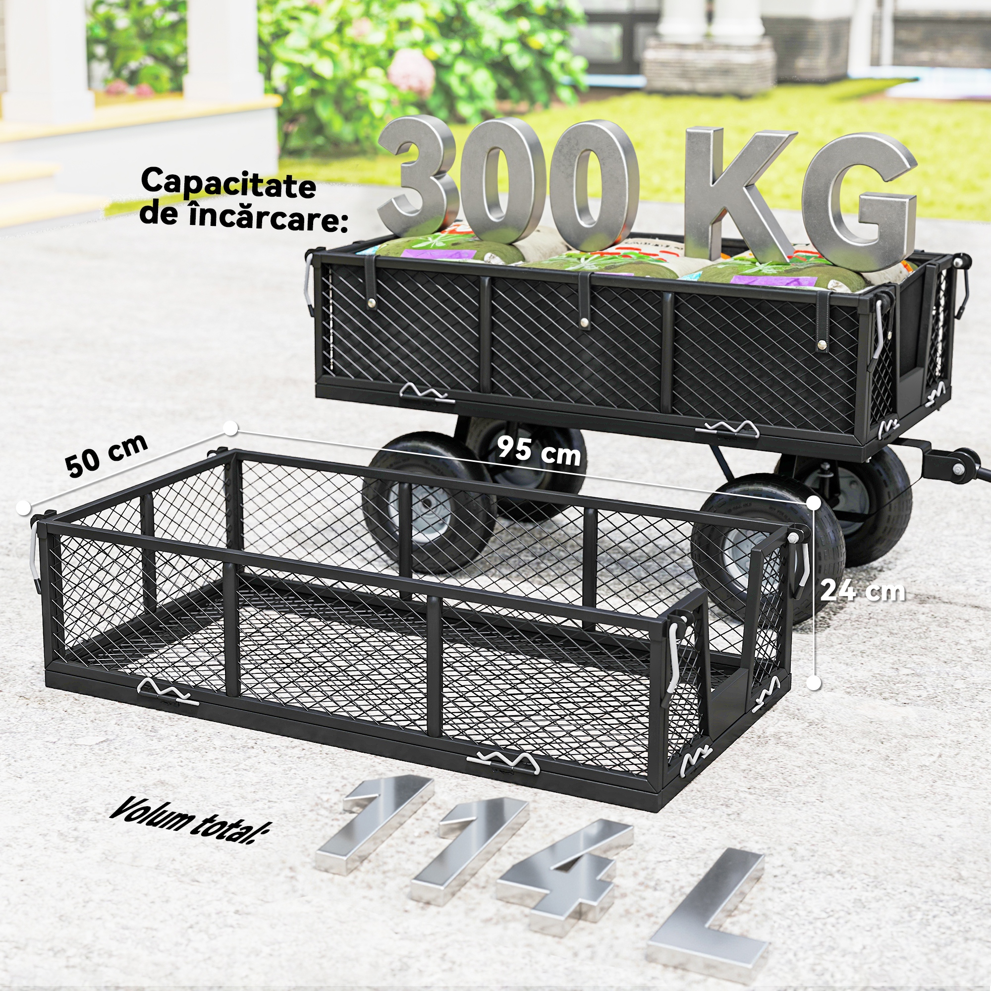  Carucior de Gradina de 114L cu Pereti Laterali Detasabili si Maner Rotativ, 105x51x54 cm, Negru [6]