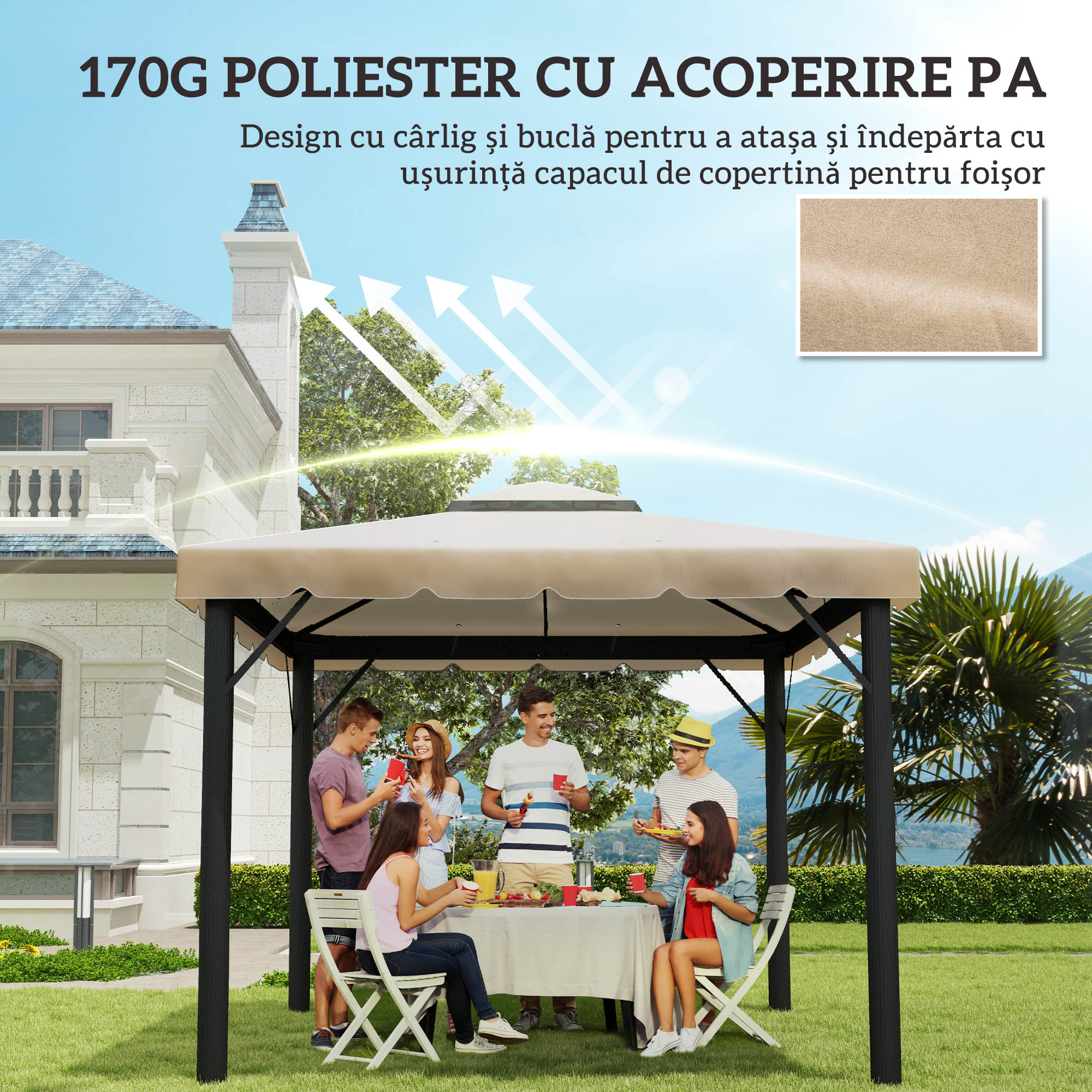  Acoperis pentru Foisor 3x3 m cu 2 Niveluri si 8 Gauri de Drenaj din Poliester Bej [5]