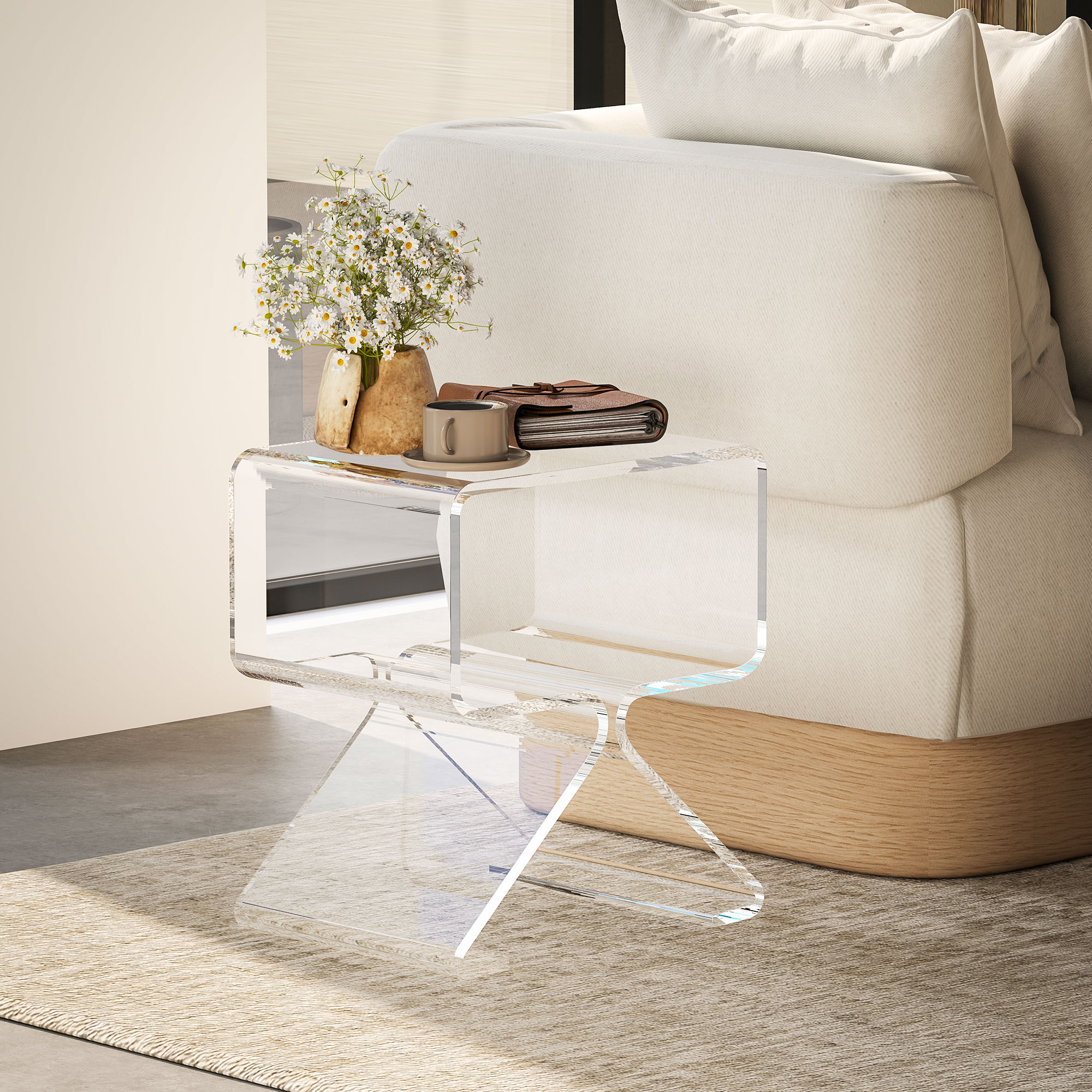  Masuta de Cafea Geometrica cu 2 Niveluri cu Picioare Triunghiulare din Acril, 40x30x45 cm, Transparenta [1]