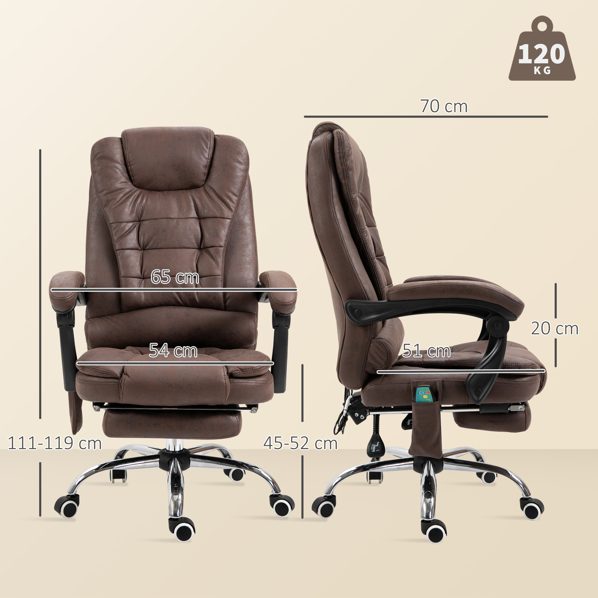  Fotoliu Birou cu Telecomanda si 6 Puncte Masaj, din Microfibra, 65x70x111-119 cm, Maro [2]