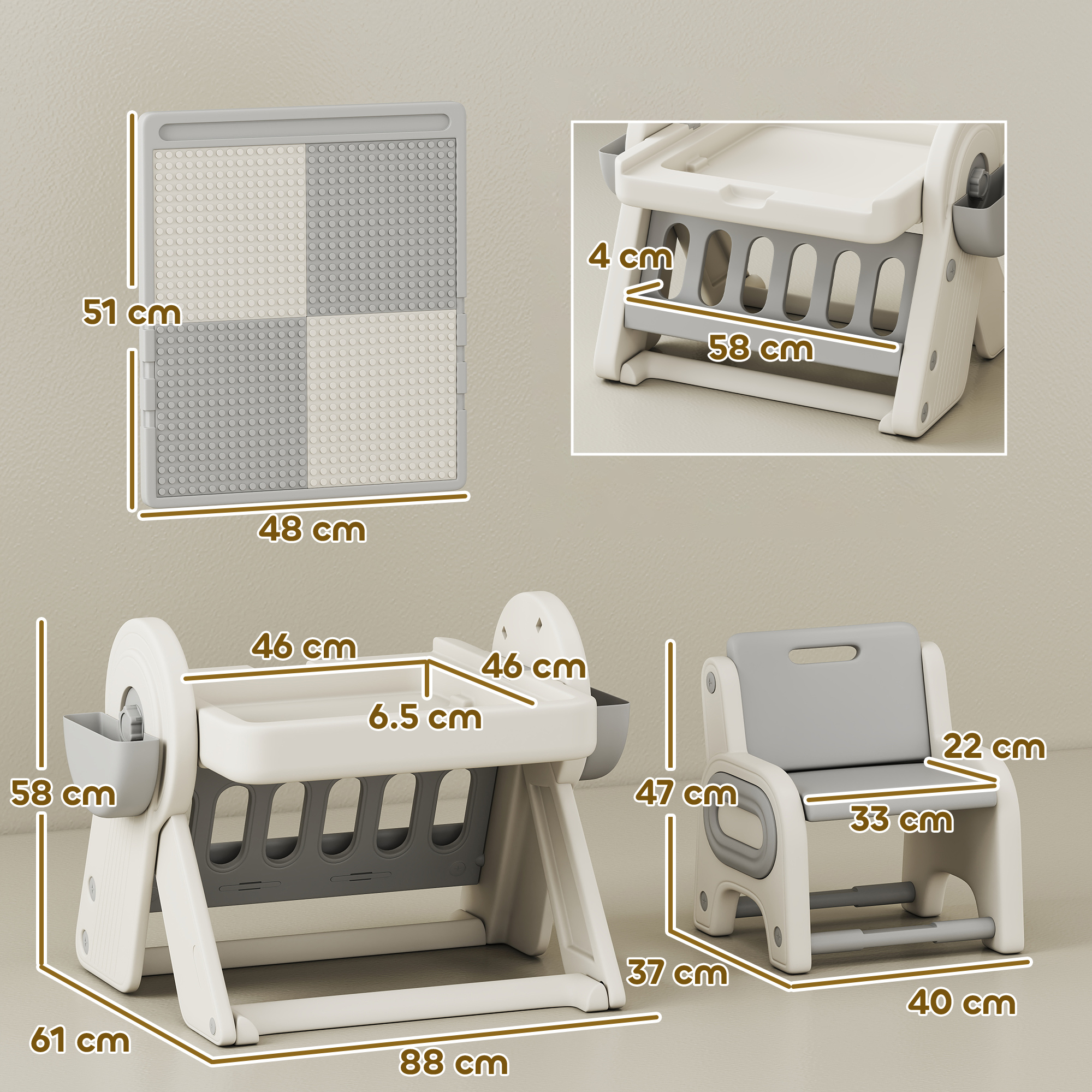 Masa Multifunctionala pentru Copii cu Raft de Depozitare si Sertare, din HDPE si PP, Gri si Alb [2]