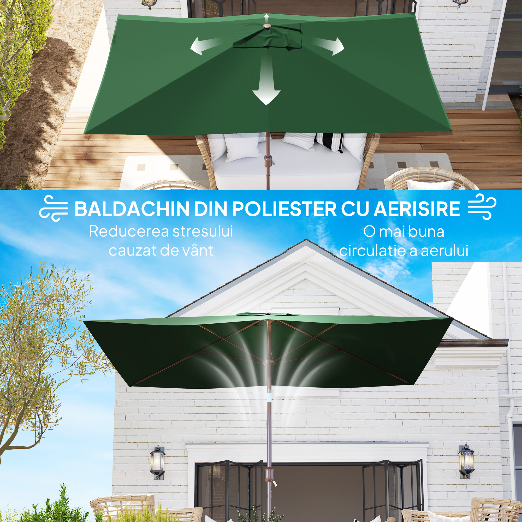  Panza de Schimb pentru Umbrela Dreptunghiulara 3x2 m cu 6 Spite, Poliester Anti-UV 50+, Verde [6]