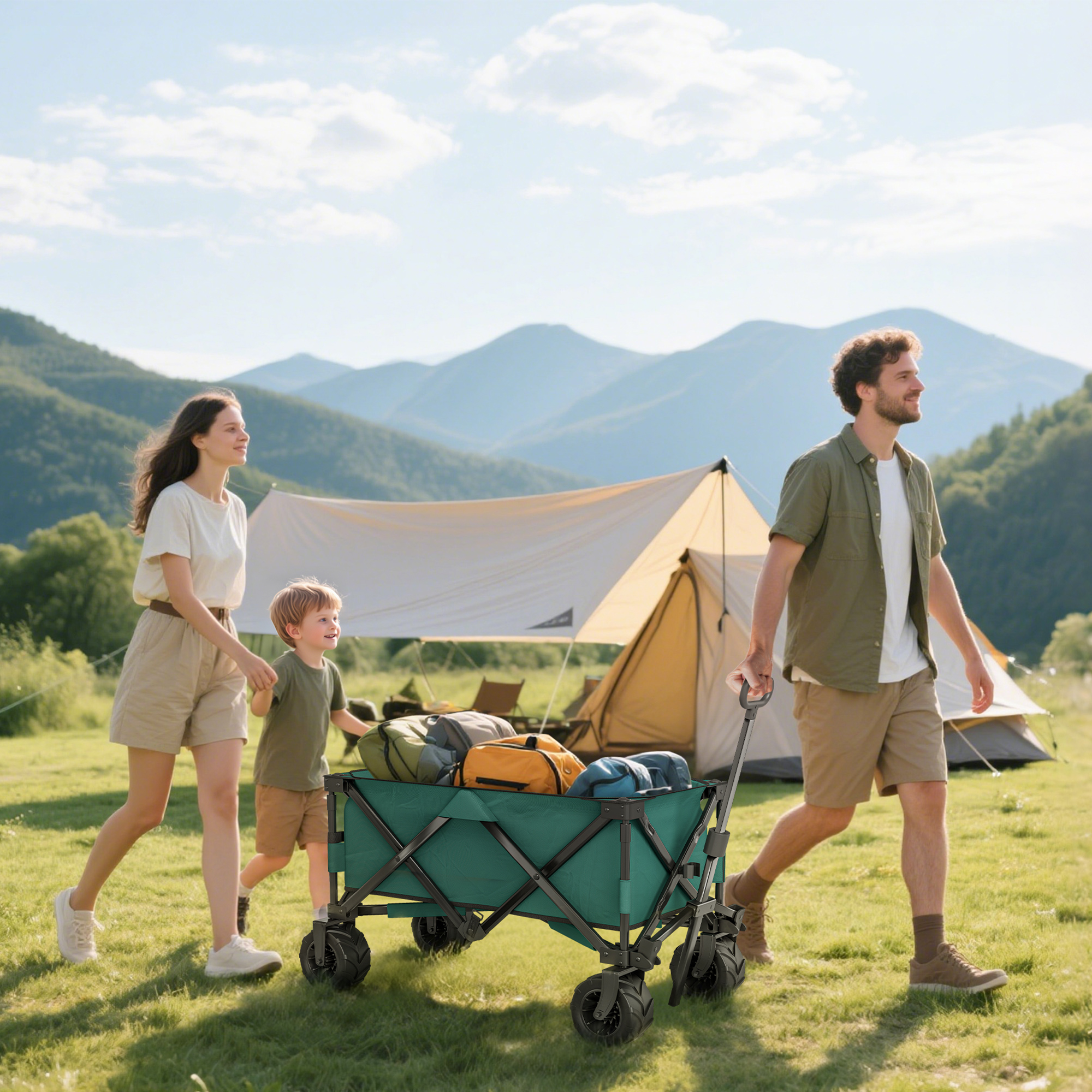  Carucior de Gradina cu Maner Telescopic, Carucior pentru Transport Obiecte pana la 70 kg, 108x55 cm, Verde [1]