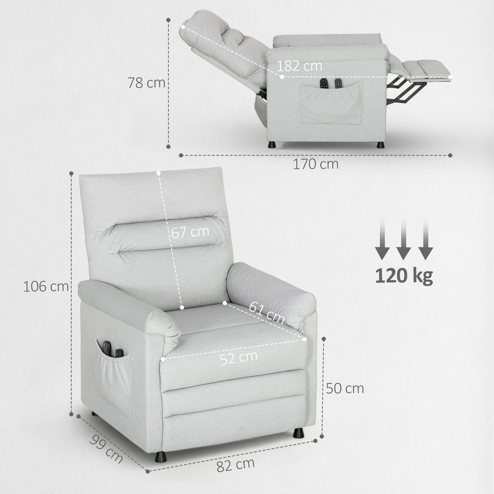  Fotoliu Reclinabil cu Suport pentru Picioare, incalzire, 8 Puncte de Masaj si 5 Moduri, Material Velur, Gri [2]