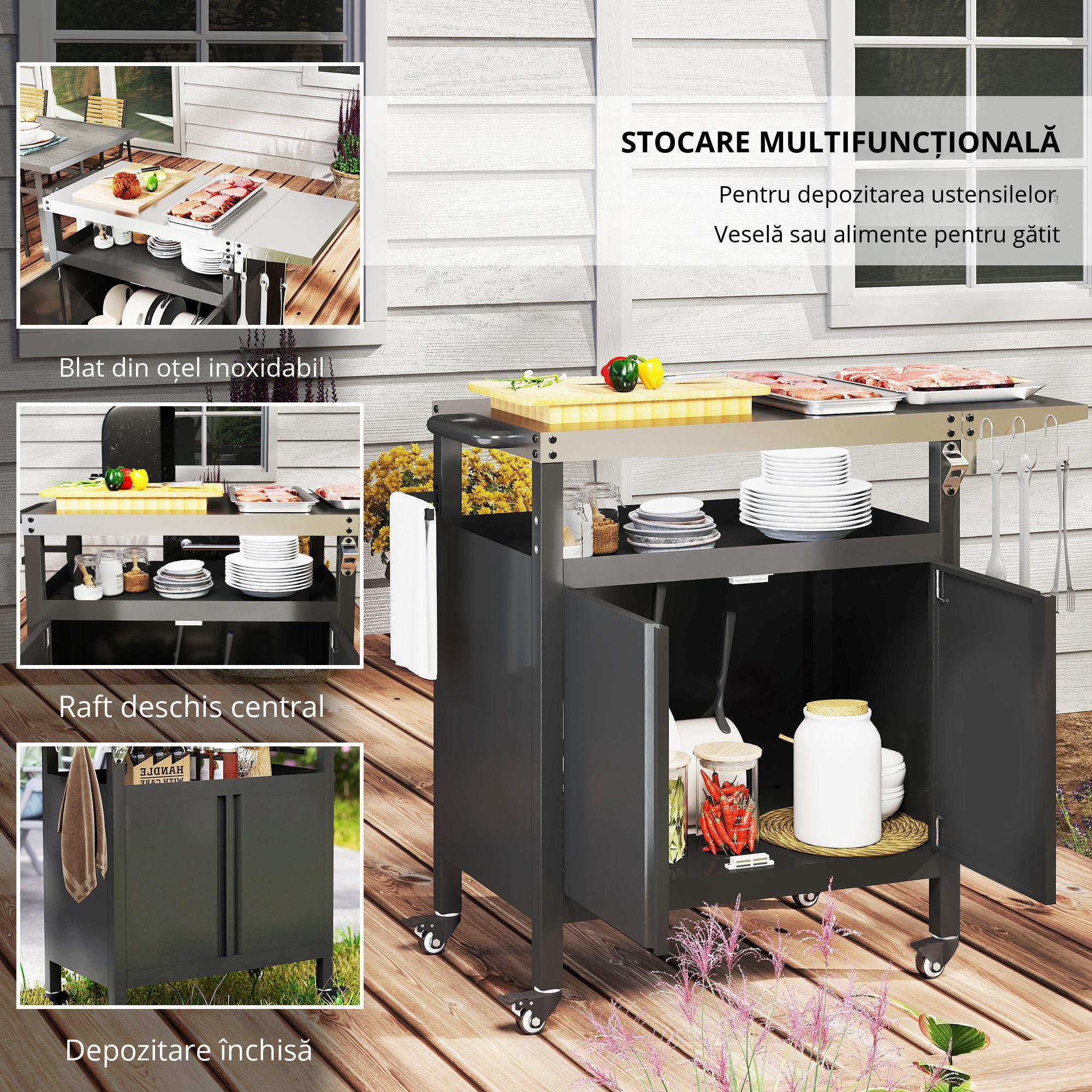  Carucior pentru Barbecue cu Dulap, Raft Deschis si Masa Laterala, din Otel Inoxidabil, 116x50x93 cm, Negru [8]