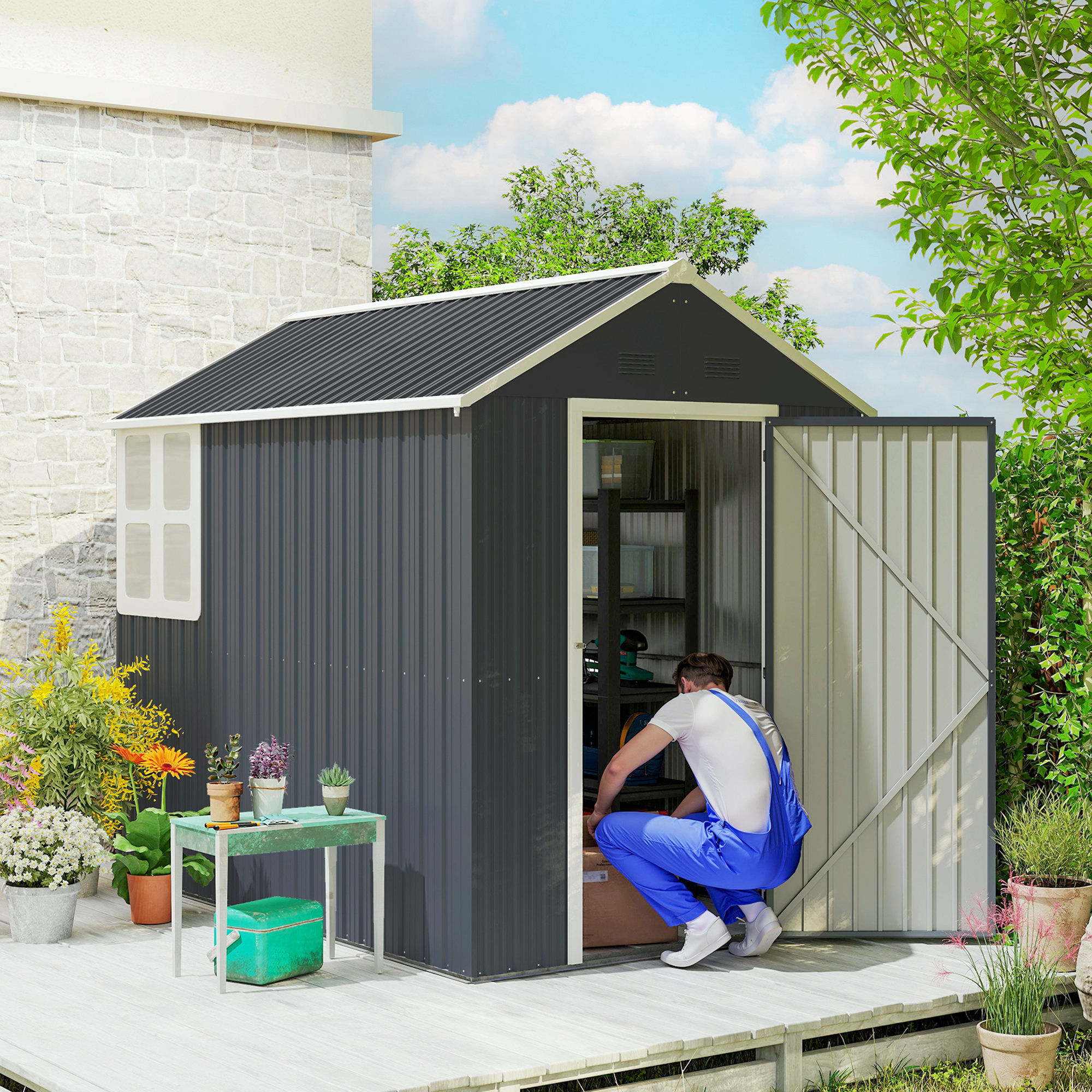  Magazie de Gradina din Otel Galvanizat si PP cu 4 Guri de Aerisire si Fereastra, 259x171x222 cm, Gri si Alb [1]