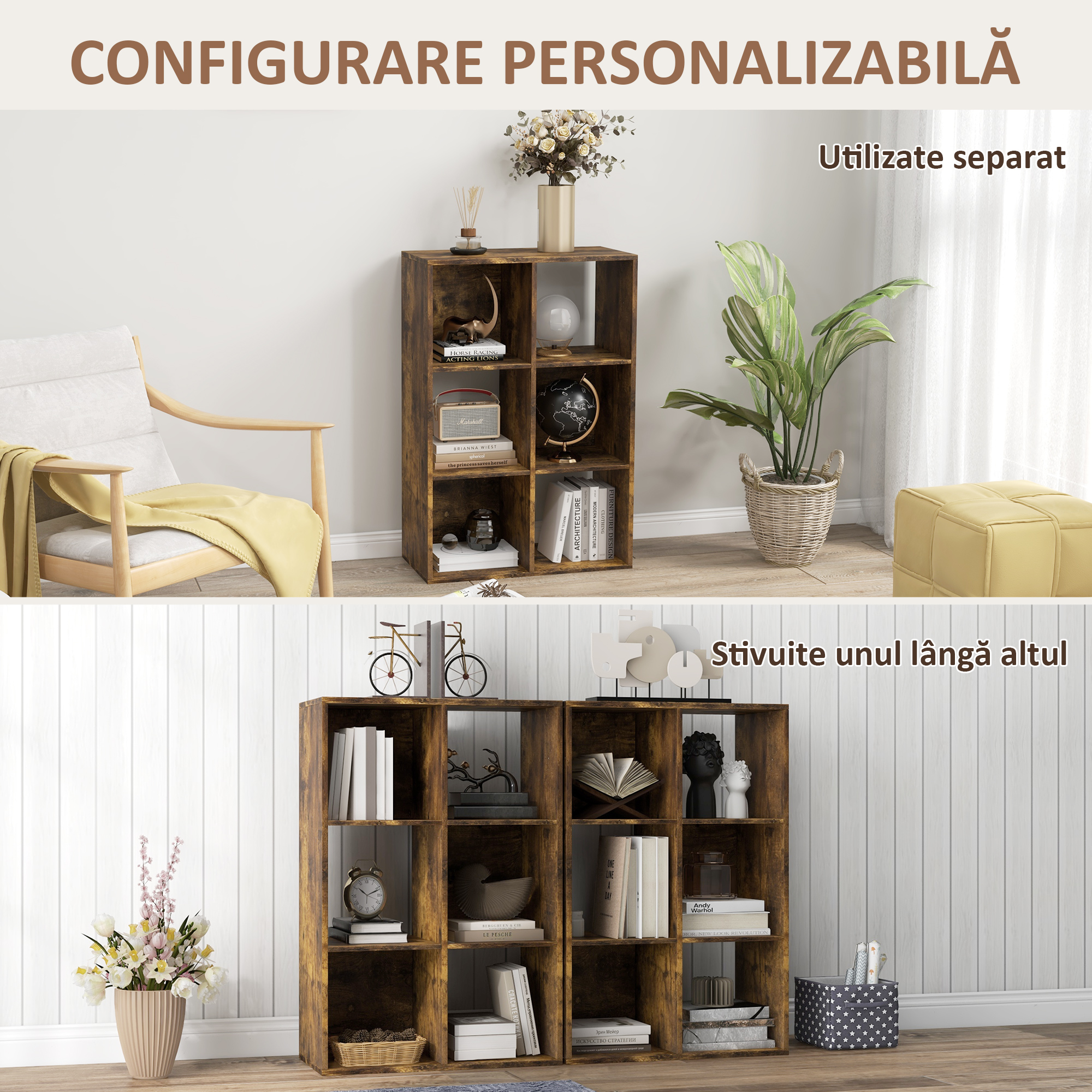  Libreria a Cubi con 6 Ripiani Portaoggetti in Legno dal Design Rustico, 61.5x29.5x91.5 cm, Marrone [4]