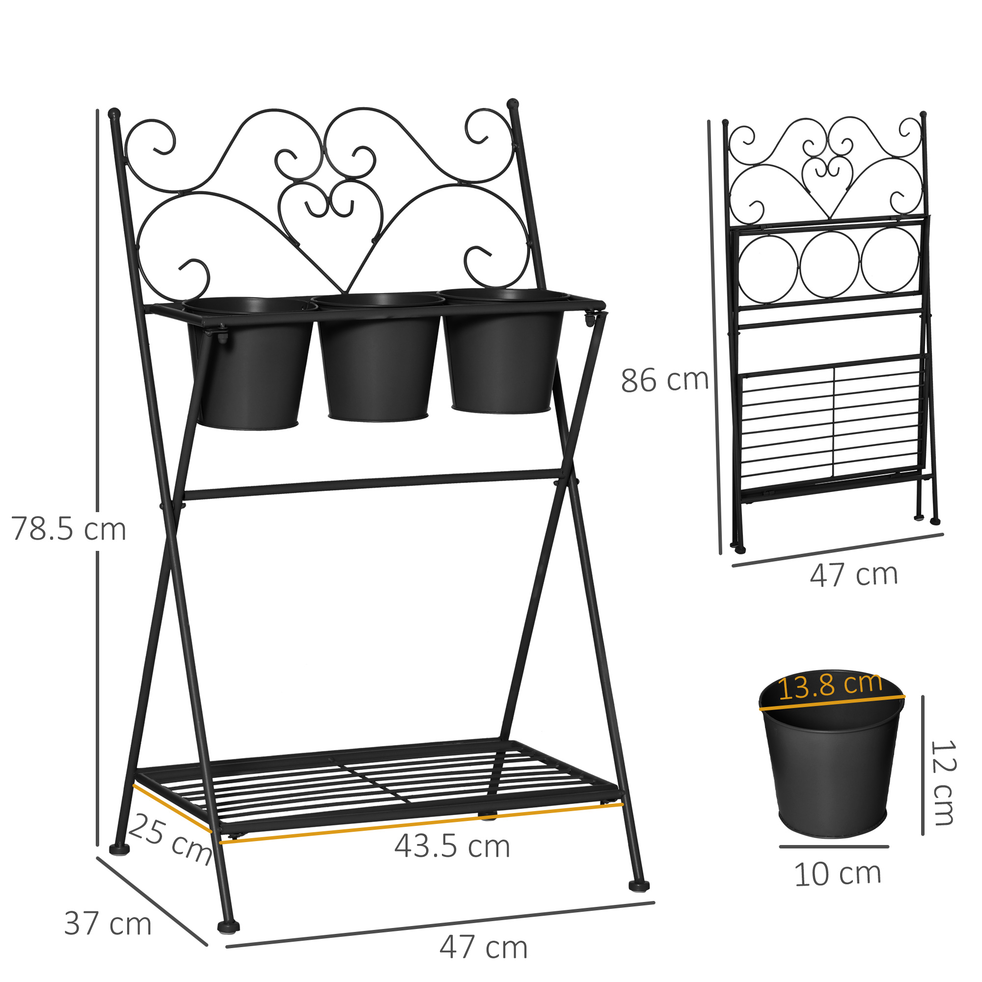 Suport pentru plante din Metal Pliabil  cu 3 Ghivece, Raft pentru Plante cu Etajera pentru Casa si Gradina, 47x37x78,5 cm, Negru [2]