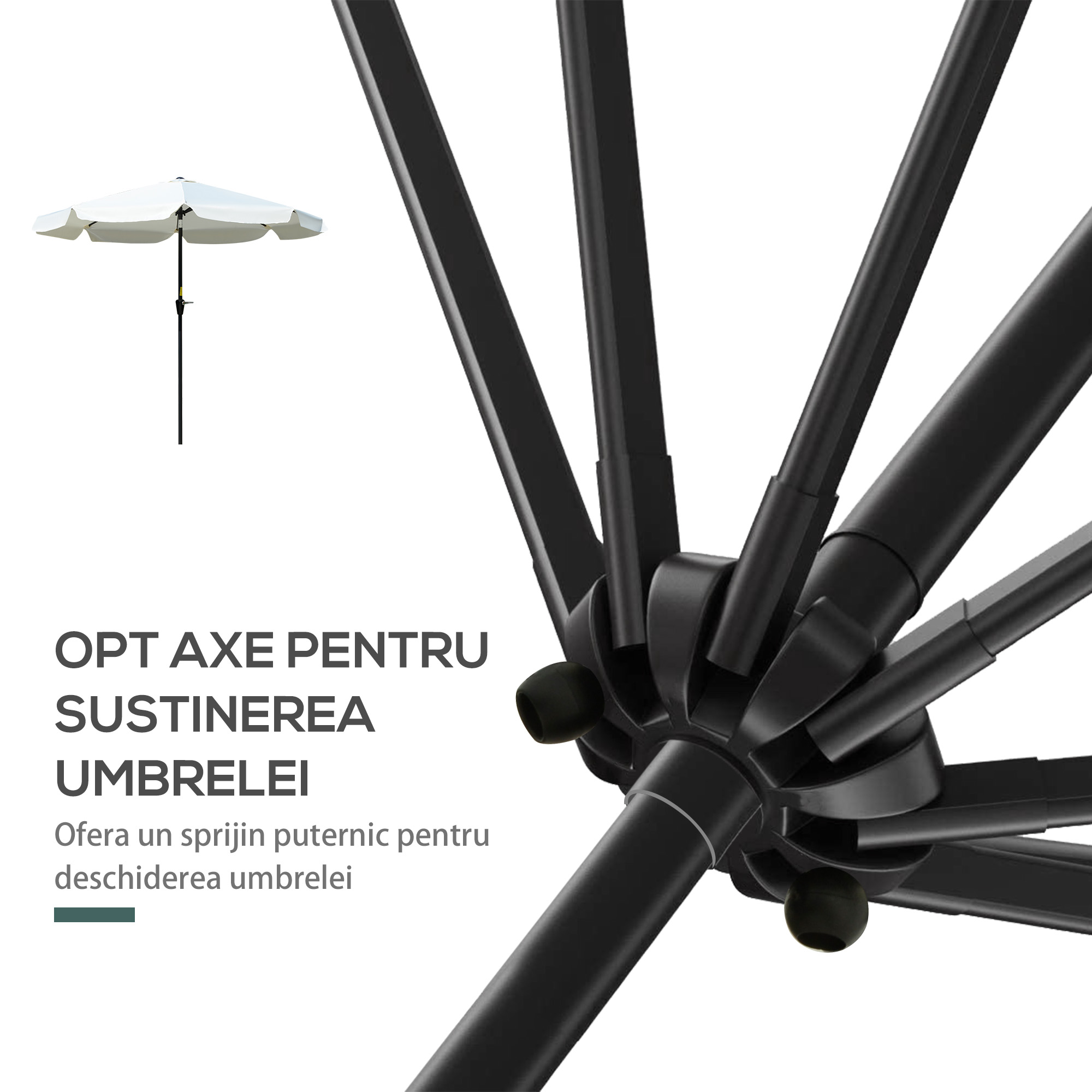  Umbrela Rotunda inclinabila, cu Manivela, din Aluminiu, Metal si Poliester, Ø266x248,5 cm, Alb Crem [6]