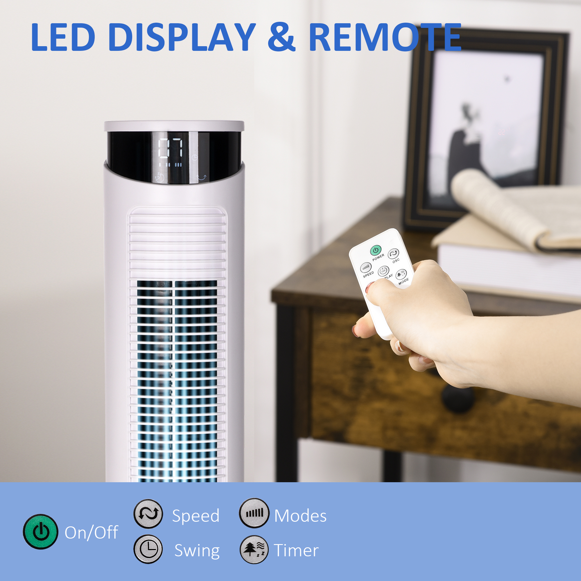  Ventilator turn 45W cu 3 moduri si 3 viteze, timer de 12h, din ABS si aluminiu, Ø31.5x93 cm, alb [6]