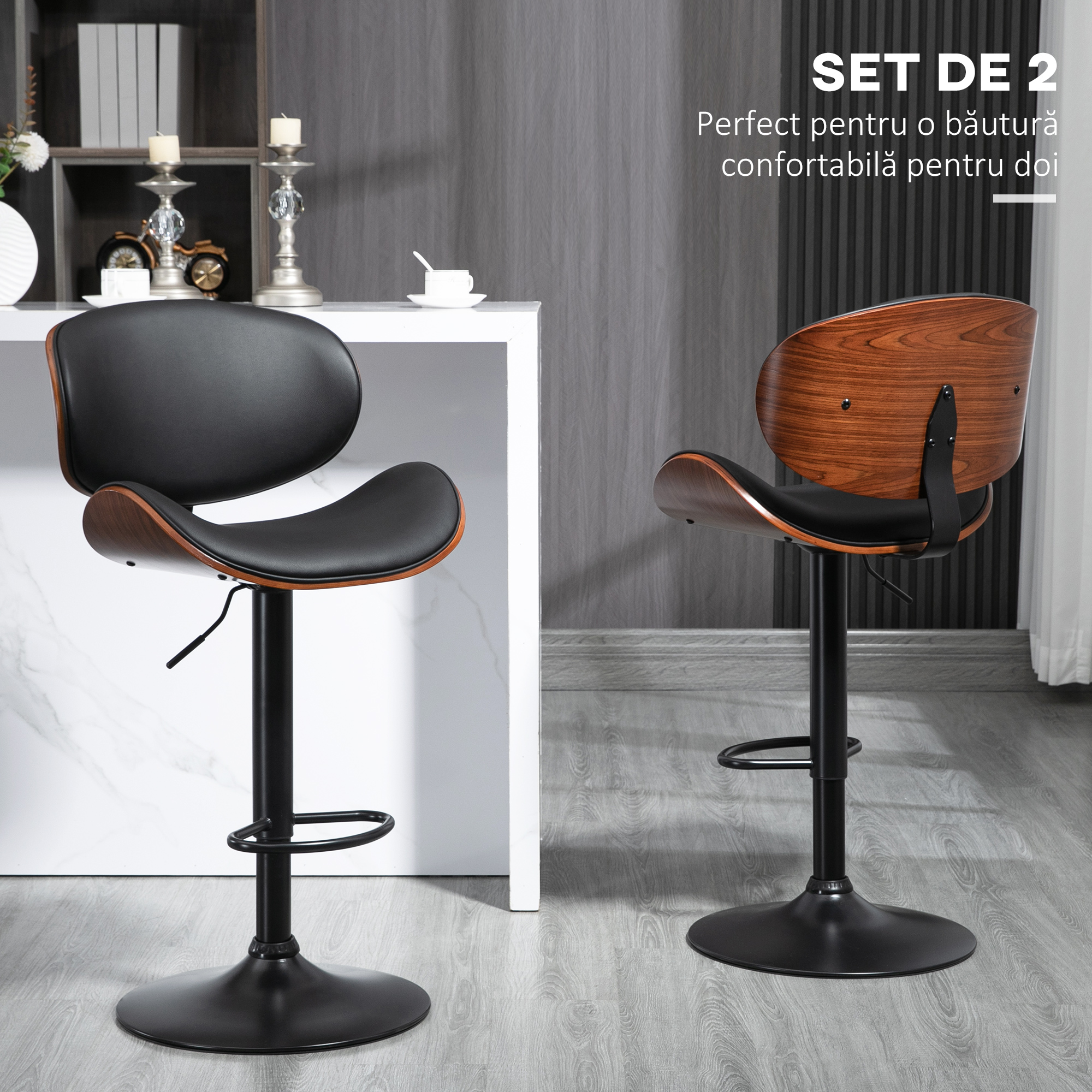  Set 2 Scaune de Bar cu Spatar Reglabile pe inaltime, Lemn si Piele Ecologica, 53x52x92-112 cm, Negru [3]