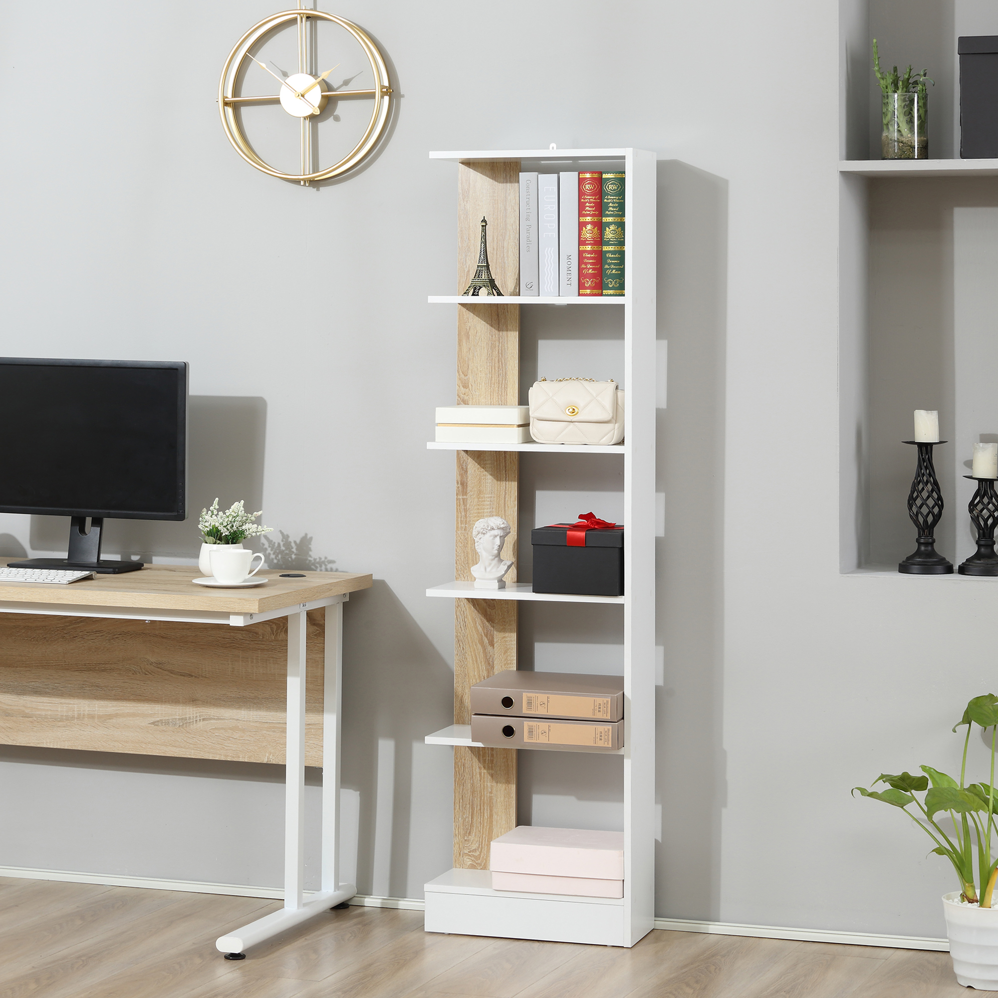  Raft Perete 5 Rafturi - Stejar & Alb, Design Modern pentru Camera [1]