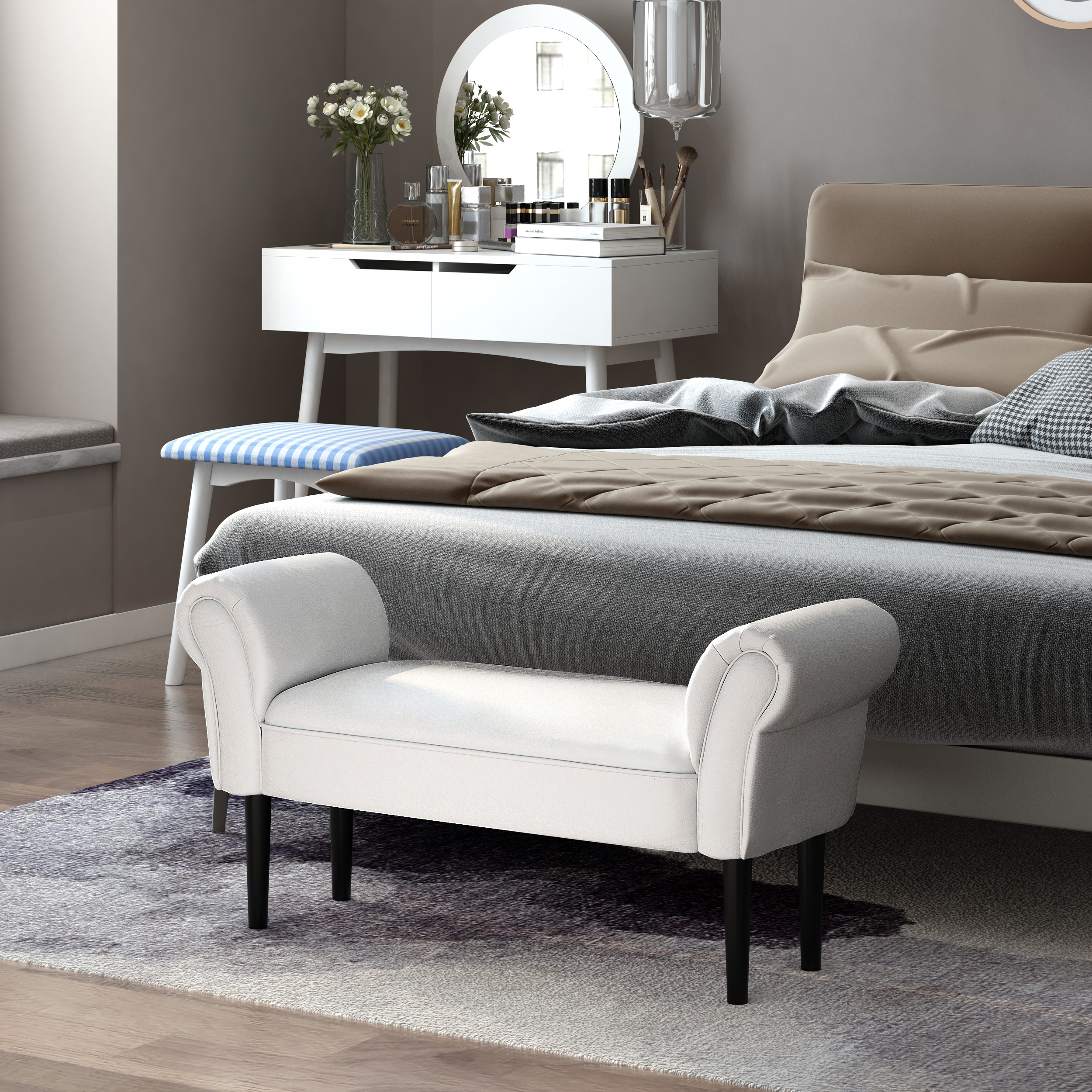  Banca de Capat de Pat cu Cotiere Rulate, Banca Captusita pentru Dormitor, 102x35x51 cm, Alb [1]