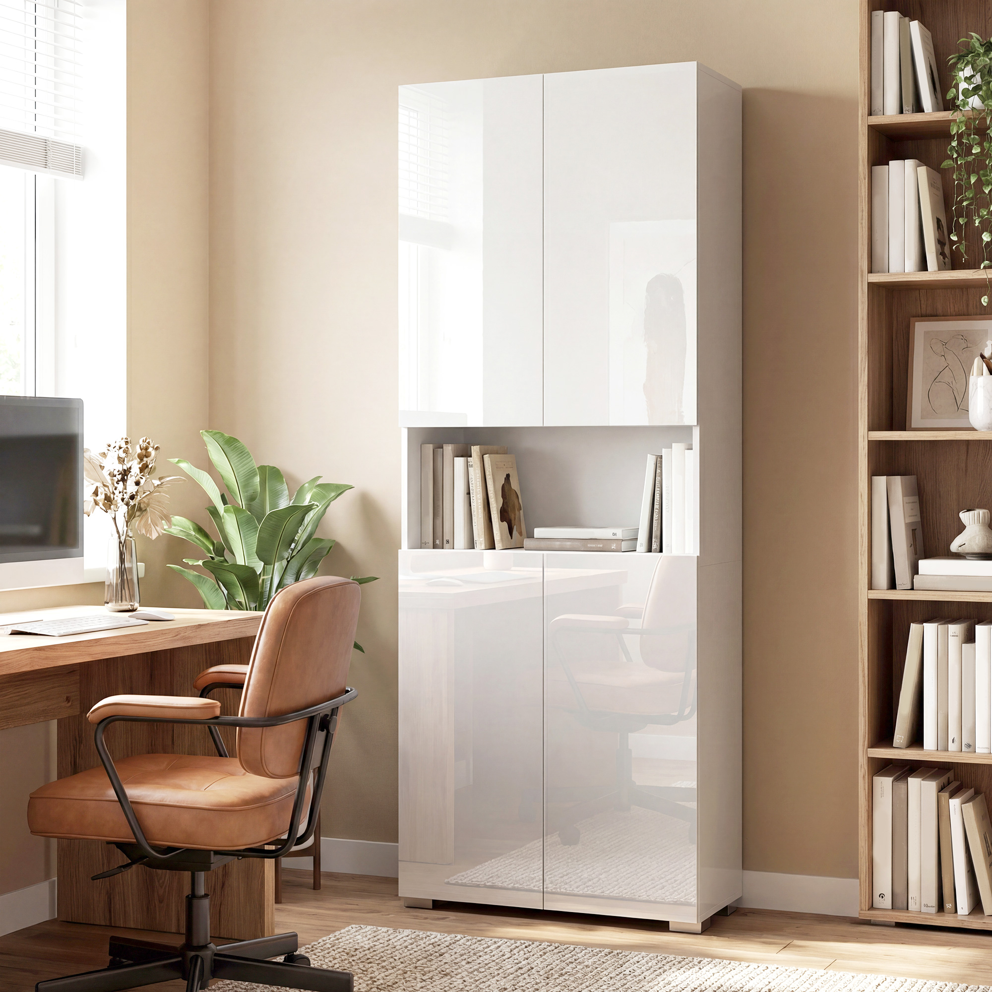  Dulap Bucatarie inalt 180cm, Mobilier Depozitare cu Usi Soft-Close, Raft Deschis, 2 Dulapuri, Rafturi Ajustabile, Stil Modern pentru Sufragerie sau Bucatarie, Alb Lucios [8]