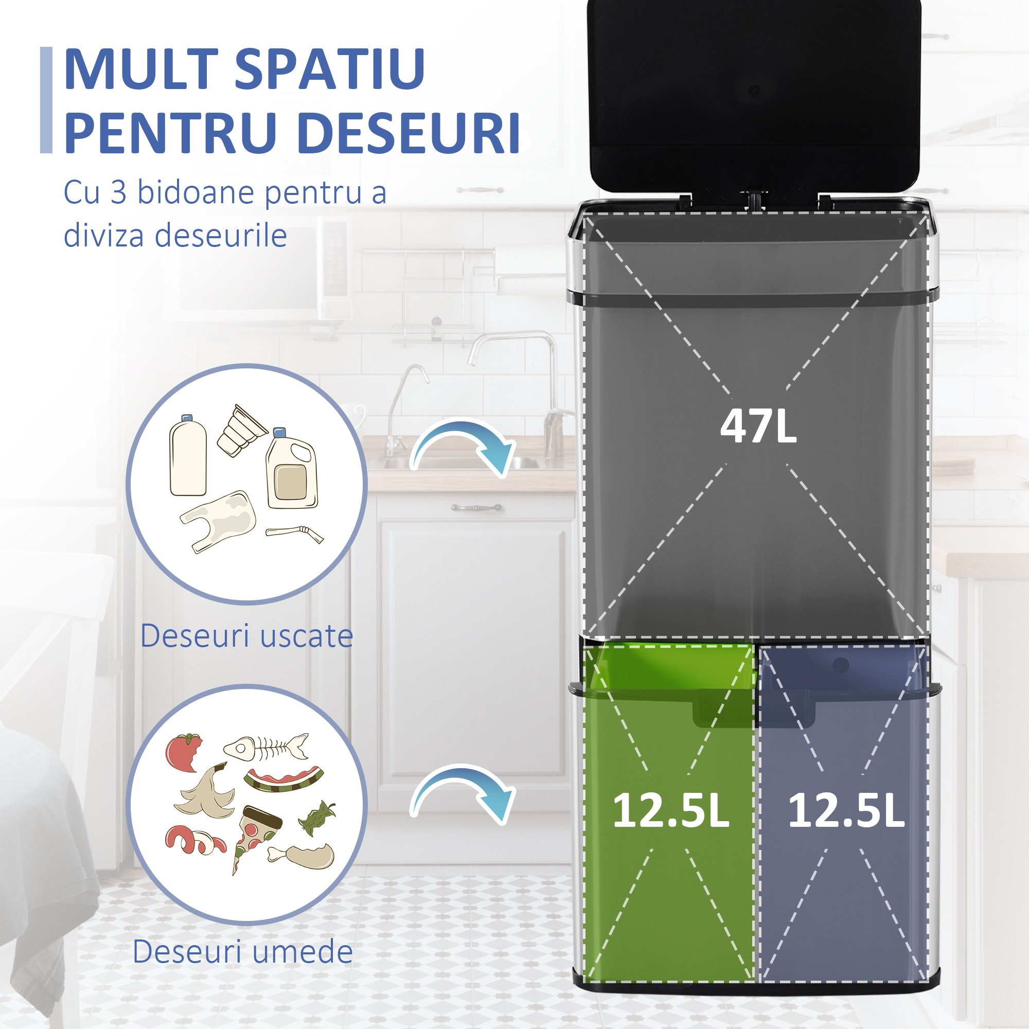 Cos Gunoi Inteligent 72 L - Inox, 3 Compartimente & Senzor [5]