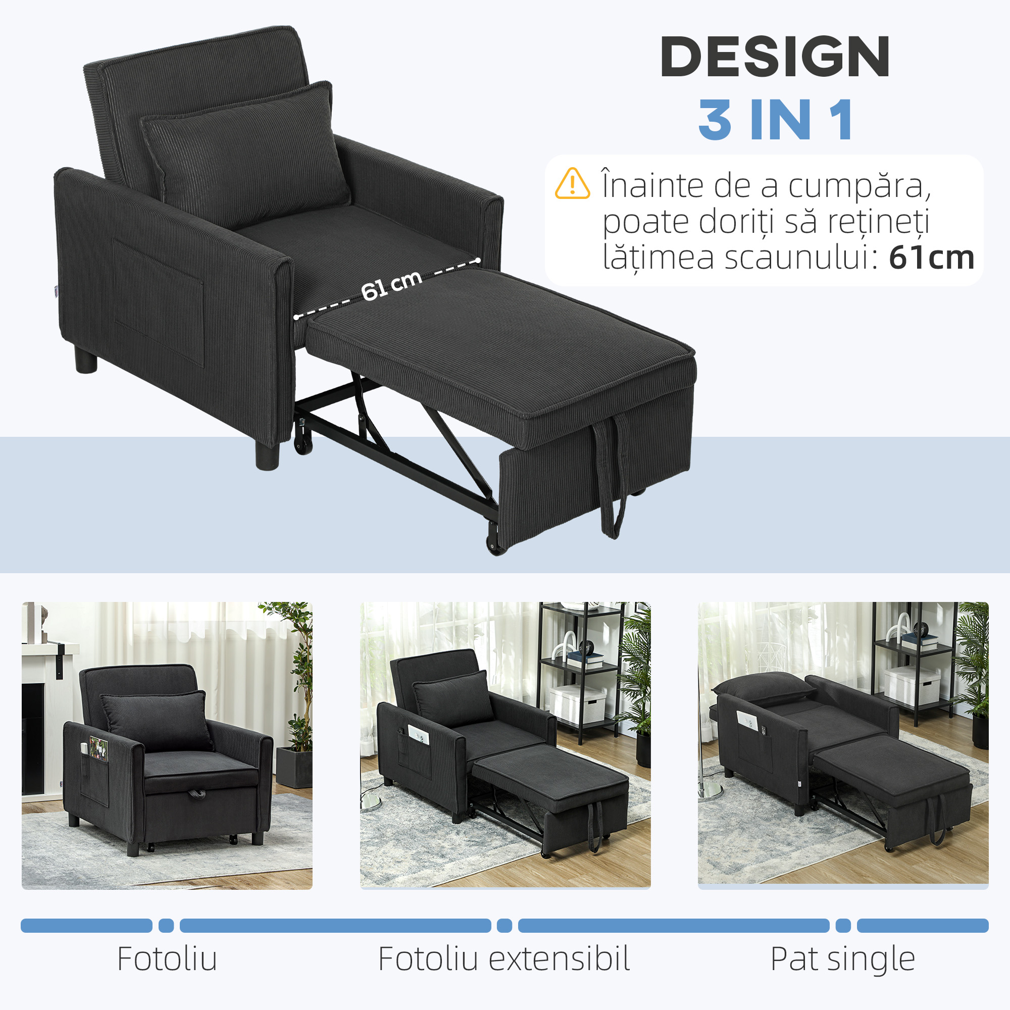  Fotoliu-Pat 3 in 1 cu Buzunare Laterale si Spatar Rabatabil, Fotoliu Modern Convertibil in Pat, 74x84x81 cm, Gri [3]